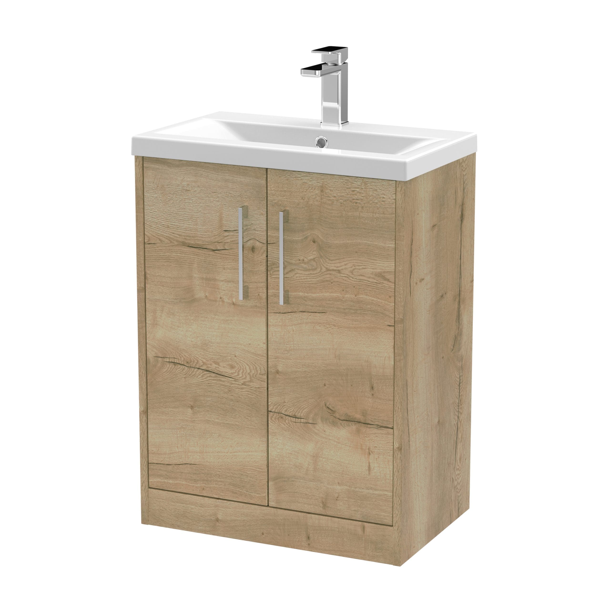 Contemporary bathroom vanity with a wooden finish, integrated sink, and chrome faucet, ideal for modern bathroom design and storage solutions.