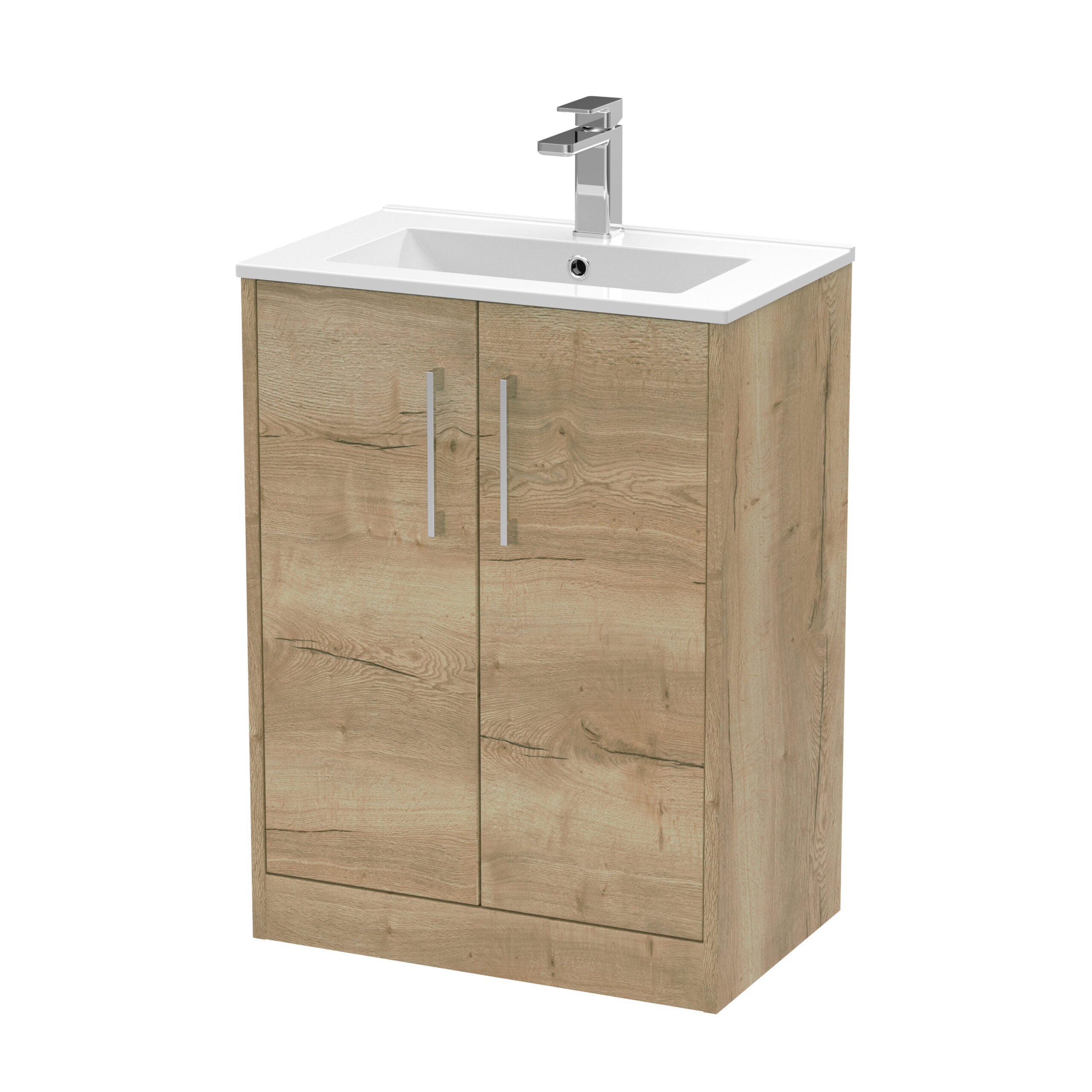 Versatile modern bathroom vanity with natural wood finish, featuring ample storage with double doors, sleek handle design, and a contemporary white countertop with integrated sink and chrome tap.