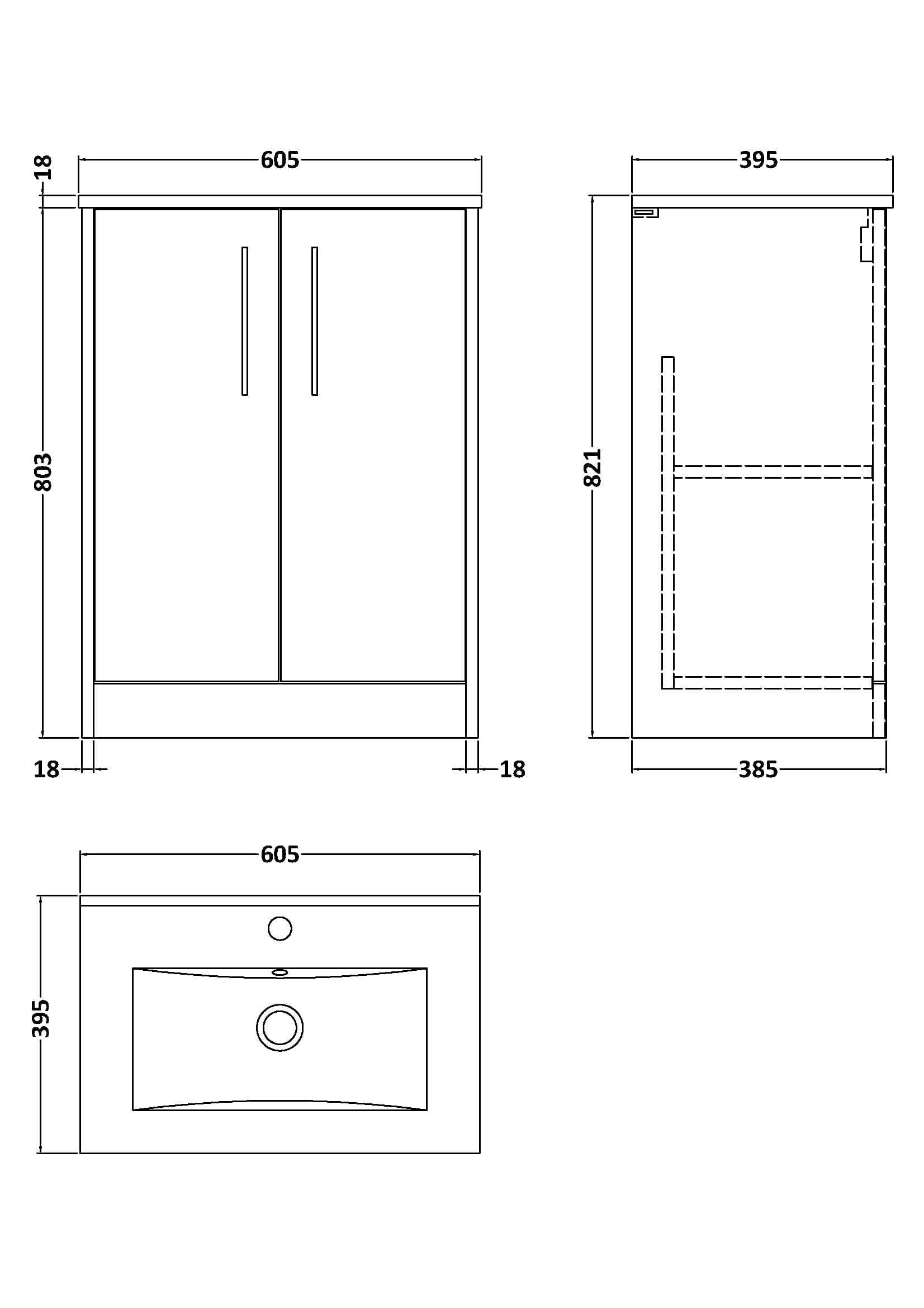 Modern bathroom cabinet with double doors, sleek handles, and detailed technical drawing for installation and design planning.