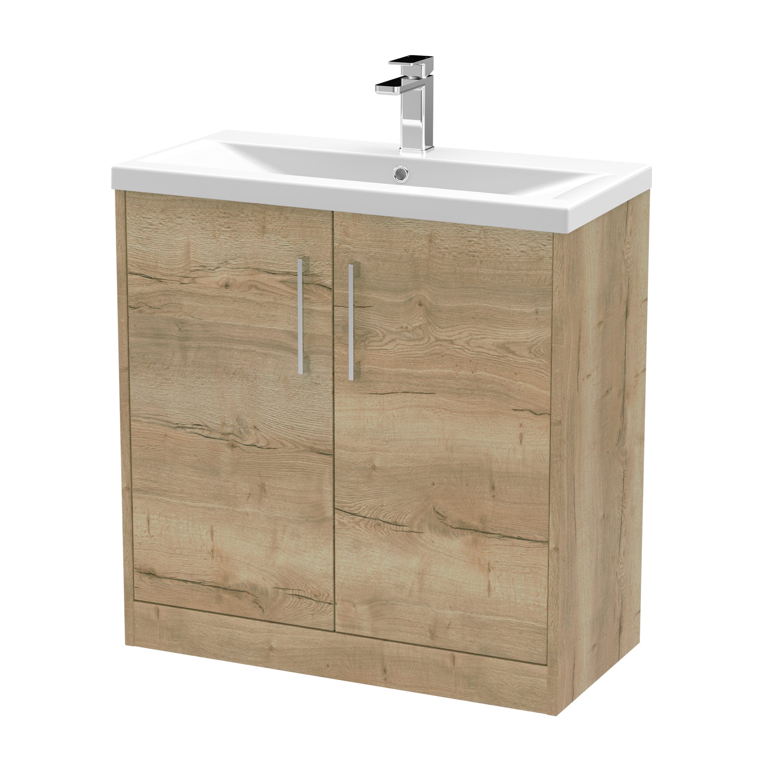 Wood-look bathroom vanity with white ceramic sink and modern chrome faucet, perfect for contemporary bathrooms. Durable storage cabinet with double doors for organisation and style.