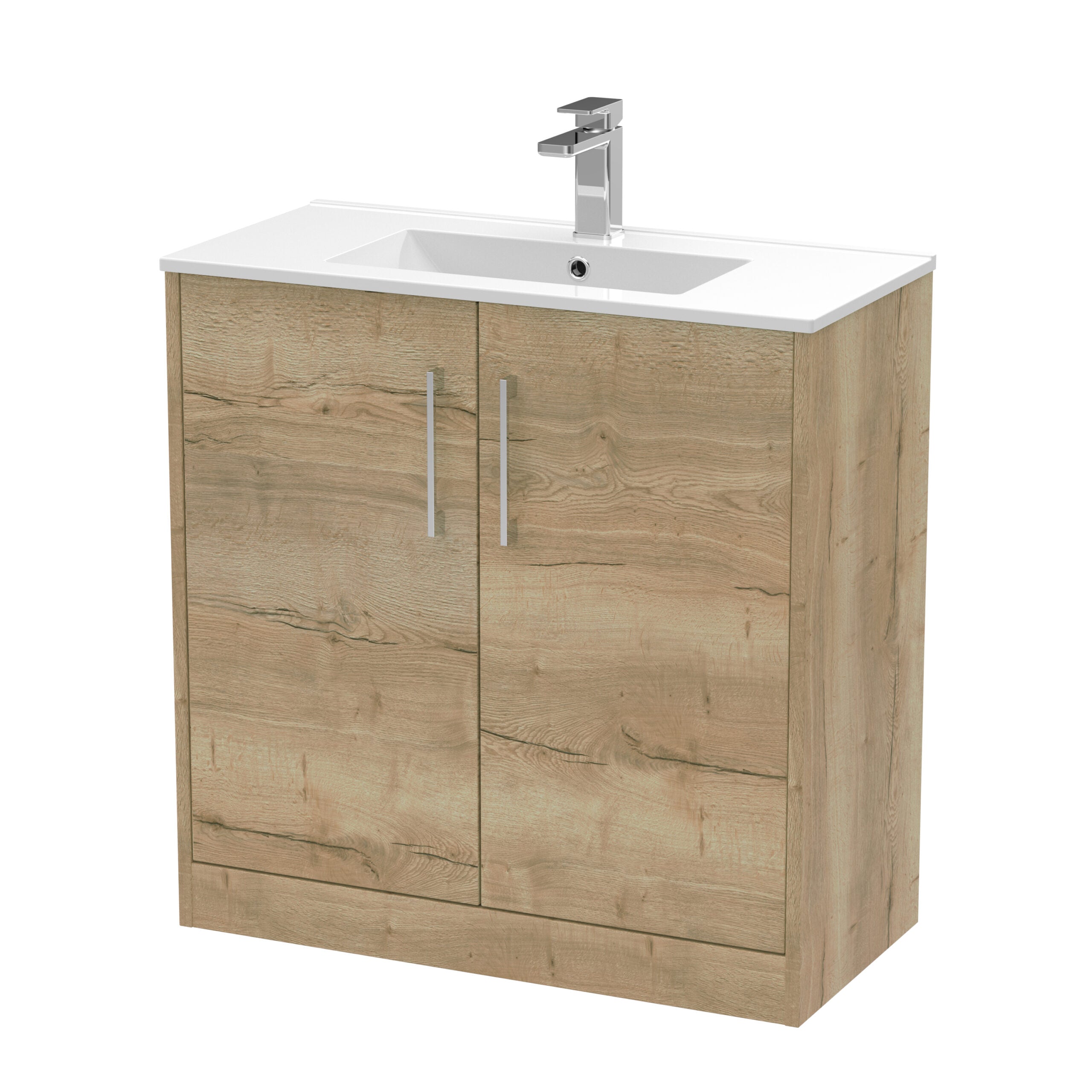 Modern wooden bathroom vanity with white countertop and sleek chrome handles, ideal for contemporary bathroom design and storage solutions.