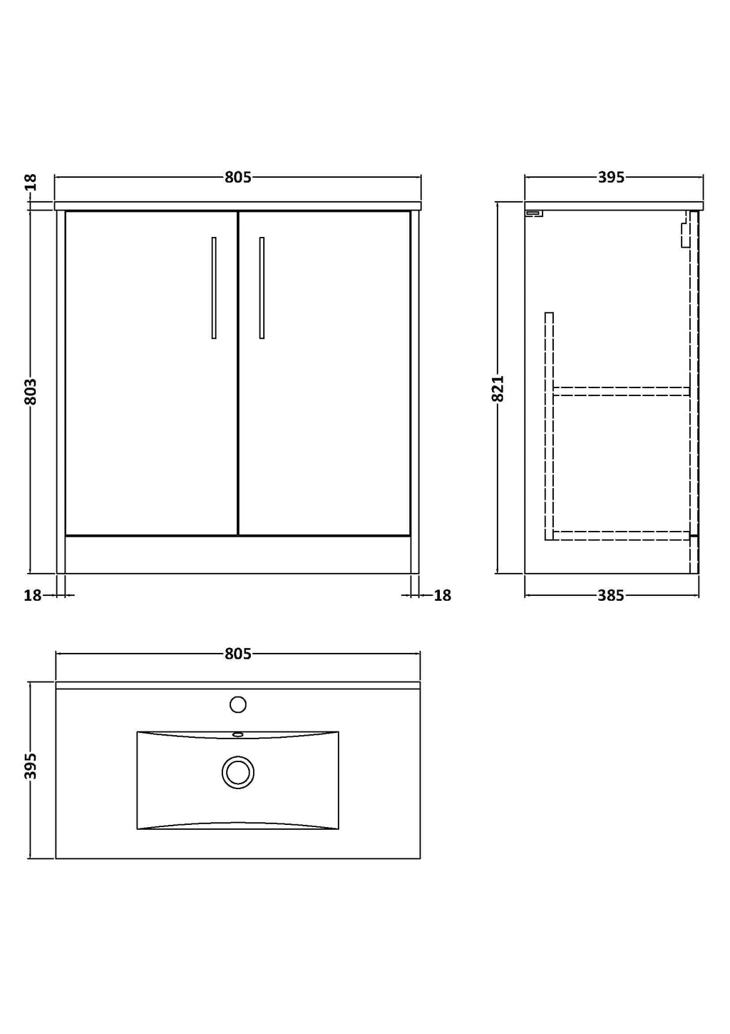 Minimalist bathroom vanity unit with double doors and sleek handles, designed for modern bathroom storage and organisation.