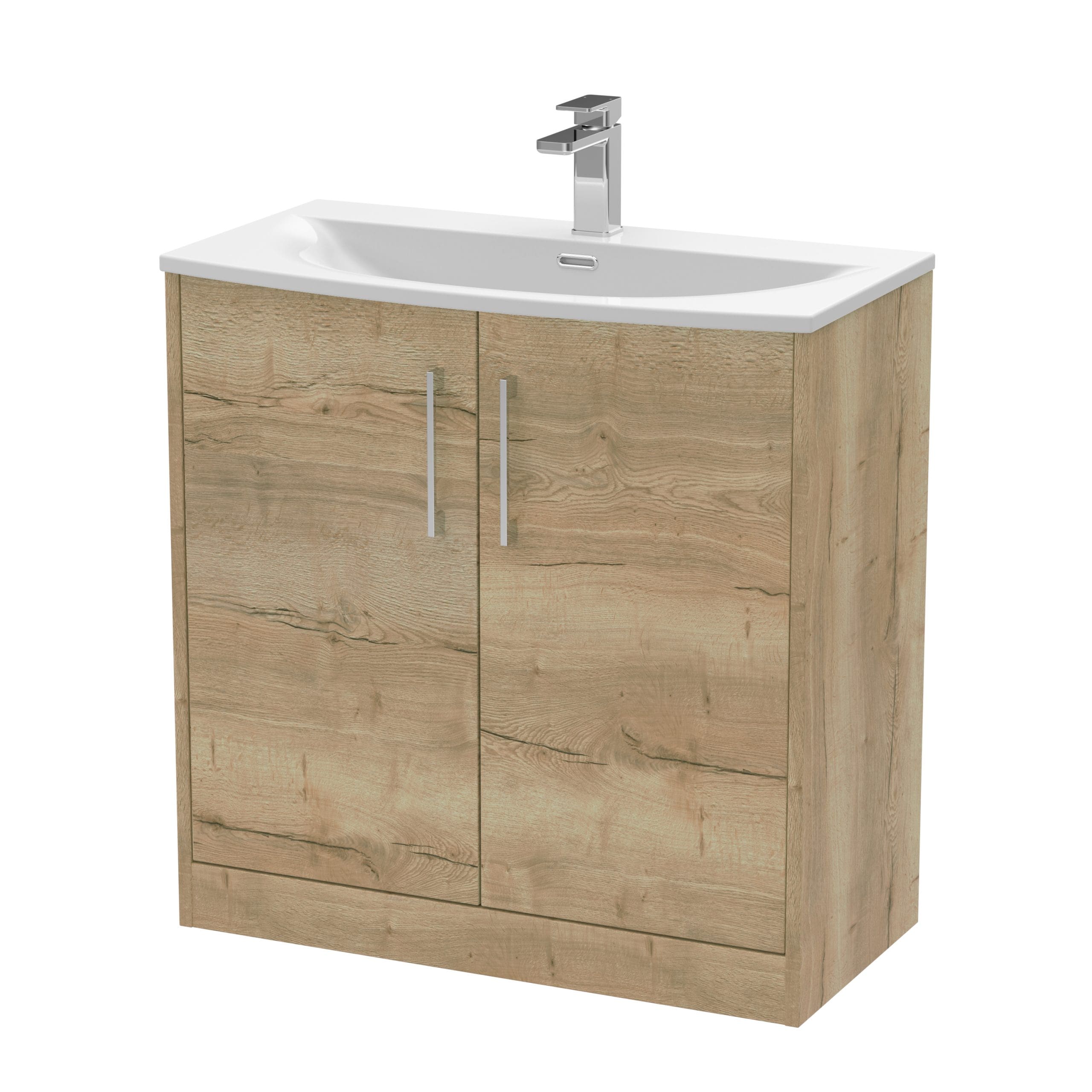 Modern wooden bathroom vanity with integrated sink and chrome faucet, ideal for contemporary bathroom designs. Durable, stylish storage solution for bathroom essentials.