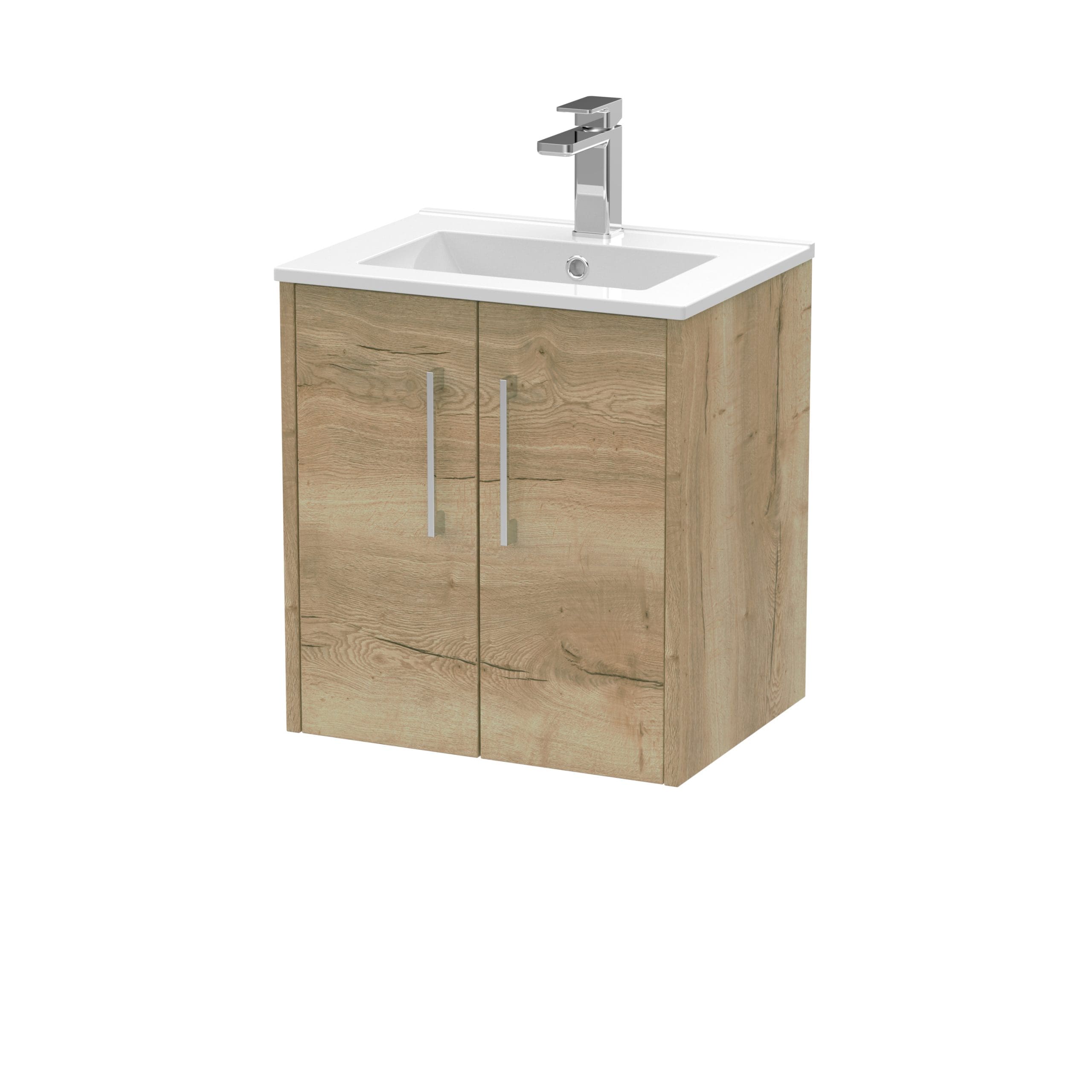 Sleek bathroom vanity with natural wood finish and integrated white ceramic sink, modern chrome tap, ideal for contemporary bathroom decor.