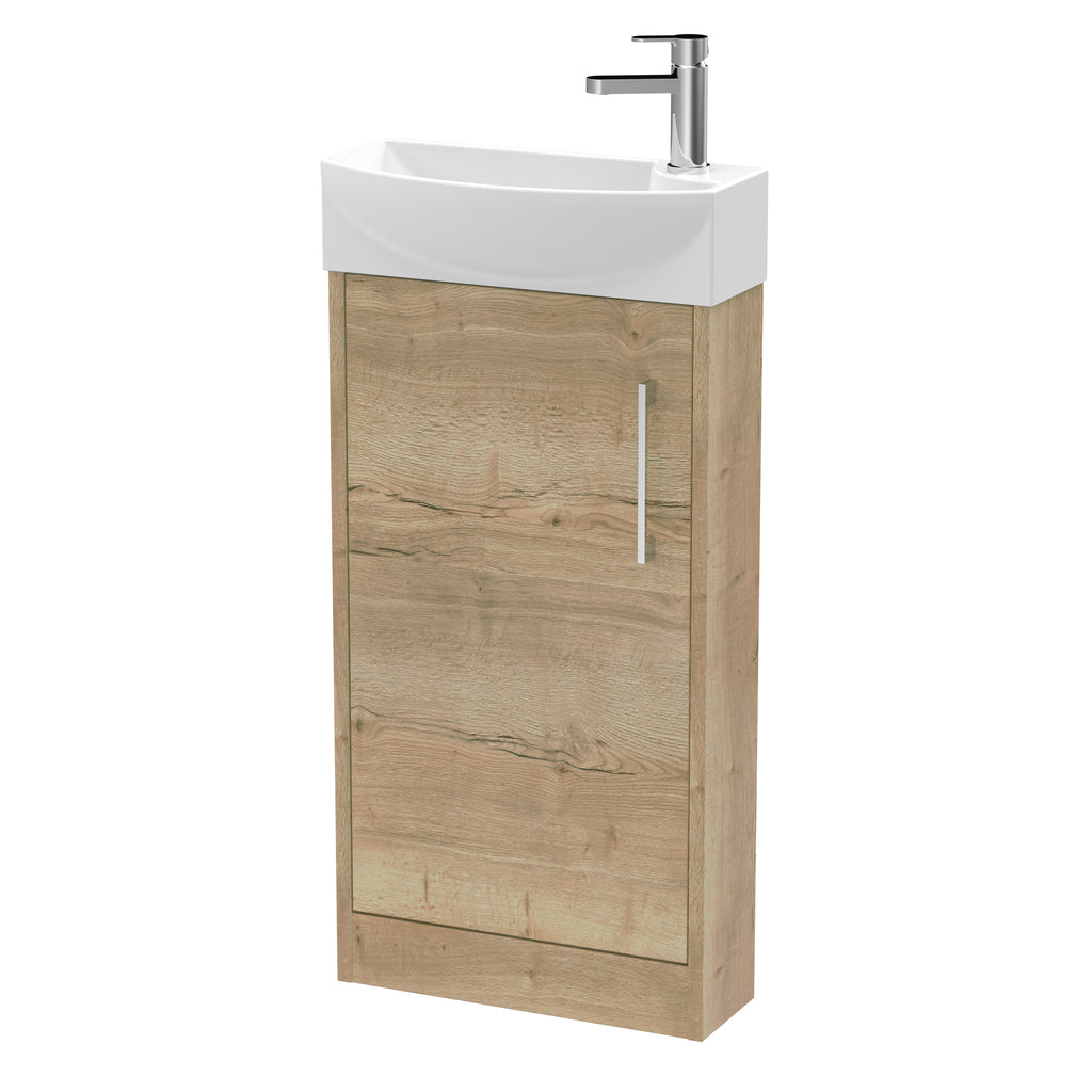 Modern bathroom vanity unit with a white ceramic sink and wood-effect cabinet, ideal for contemporary bathroom decor and storage solutions.