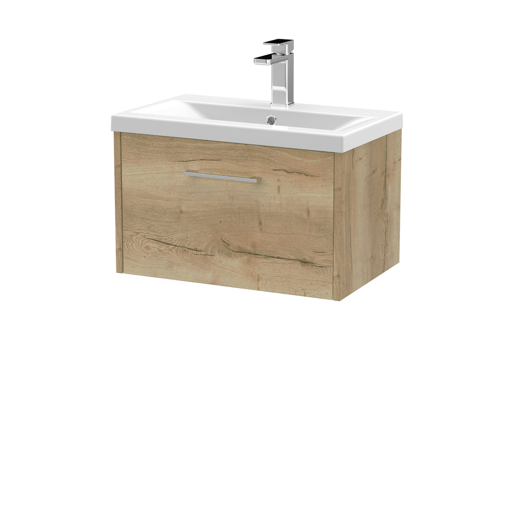 Modern wooden bathroom vanity with integrated ceramic sink and chrome faucet, ideal for contemporary bathroom designs. Durable wood finish and sleek handle for functional styling.