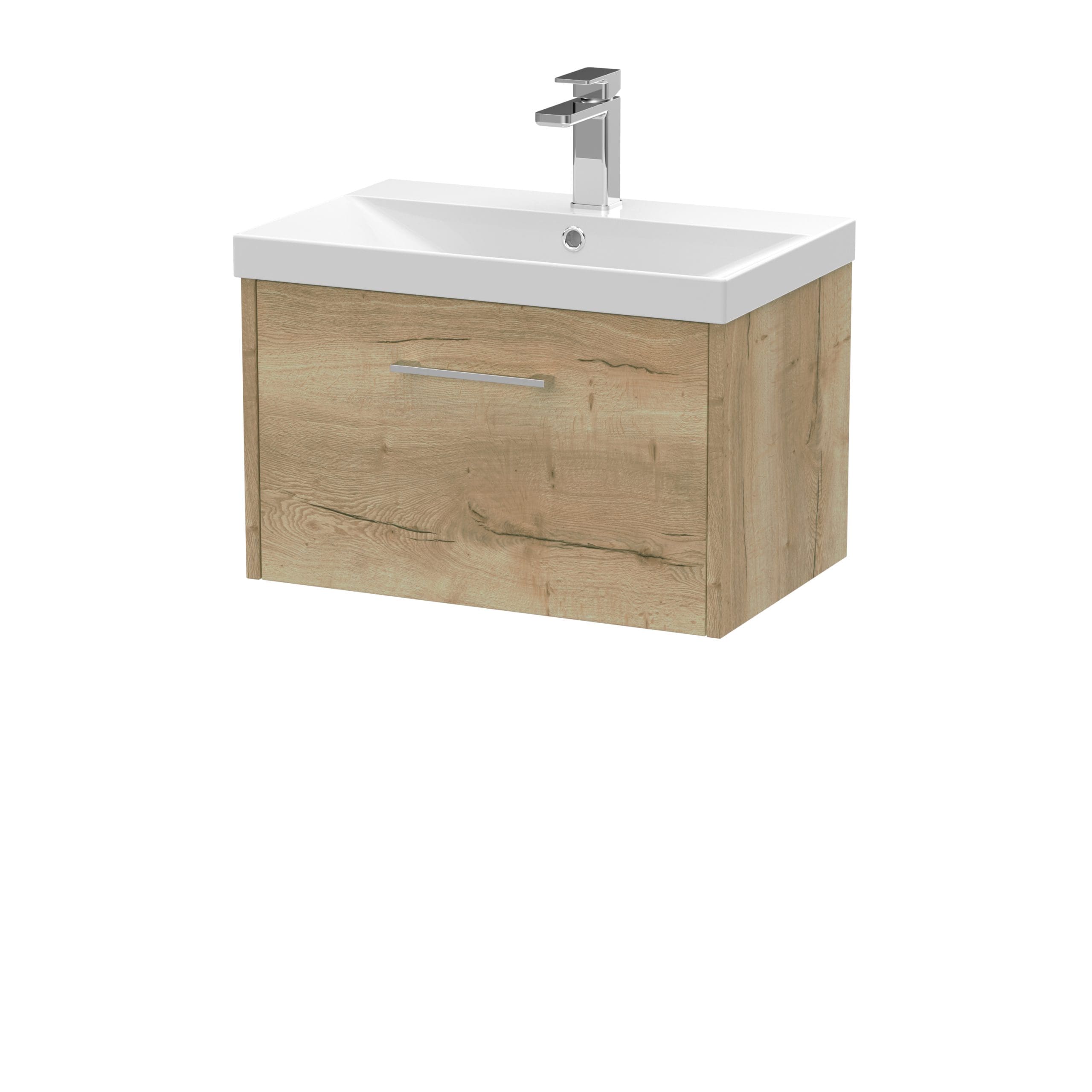 Sleek wooden bathroom vanity unit with integrated sink and modern chrome tap, ideal for contemporary bathroom cabinetry and storage solutions.