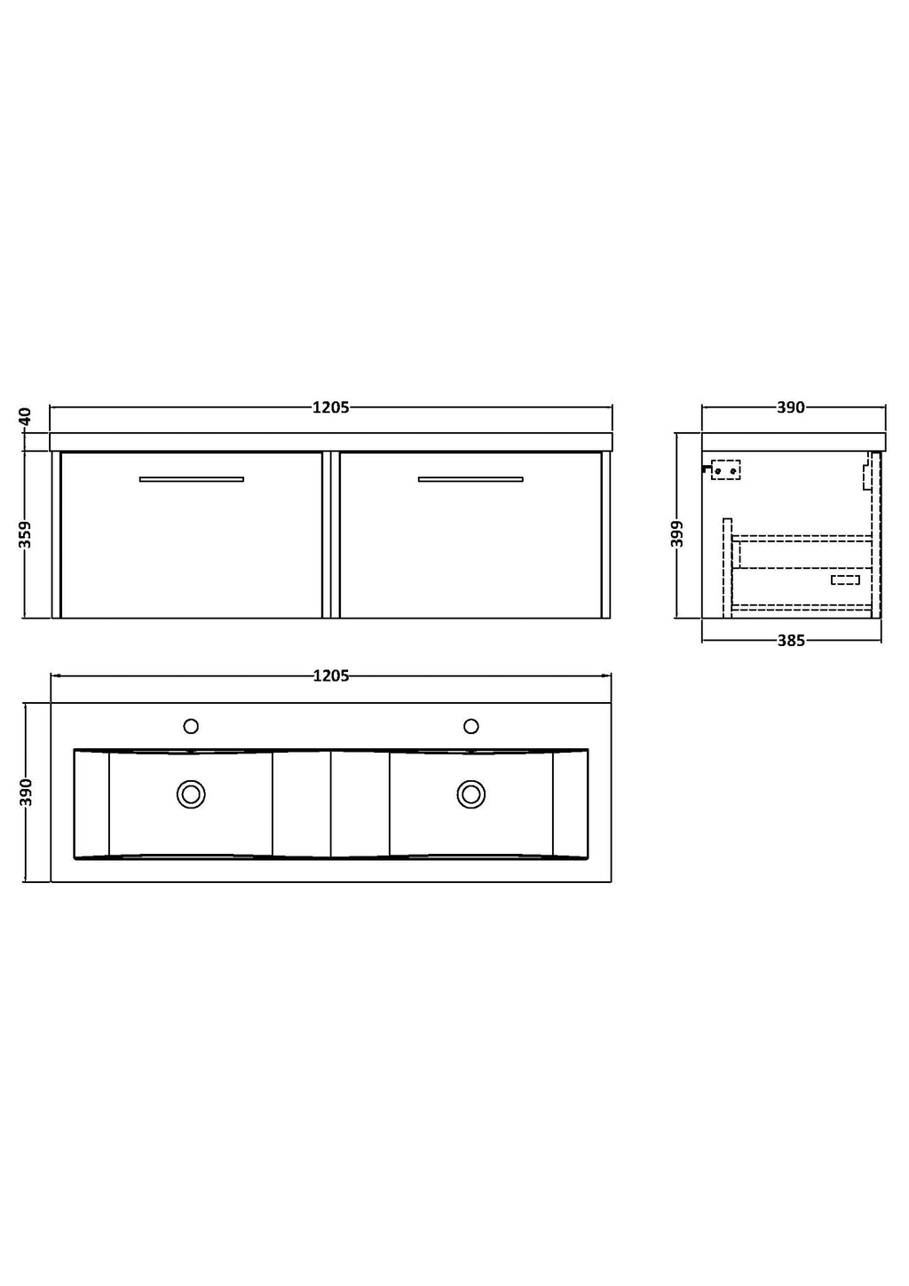 Modern double bathroom vanity with integrated sinks and storage, designed for contemporary bathrooms. Ideal for enhancing bathroom functionality and style with sleek, minimalist cabinetry.