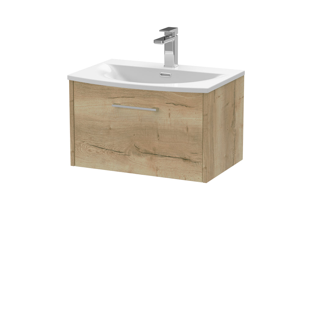 Modern wooden bathroom vanity with integrated sink and chrome faucet, ideal for contemporary bathrooms. Durable storage cabinet with sleek handle enhances organisation and style.