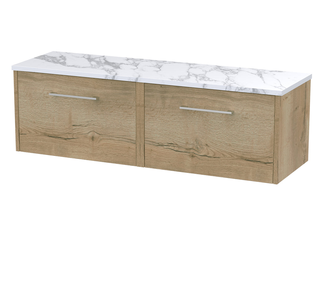 Modern wooden bathroom vanity with a white marble top, featuring sleek silver handles and ample storage, perfect for contemporary bathroom decor.