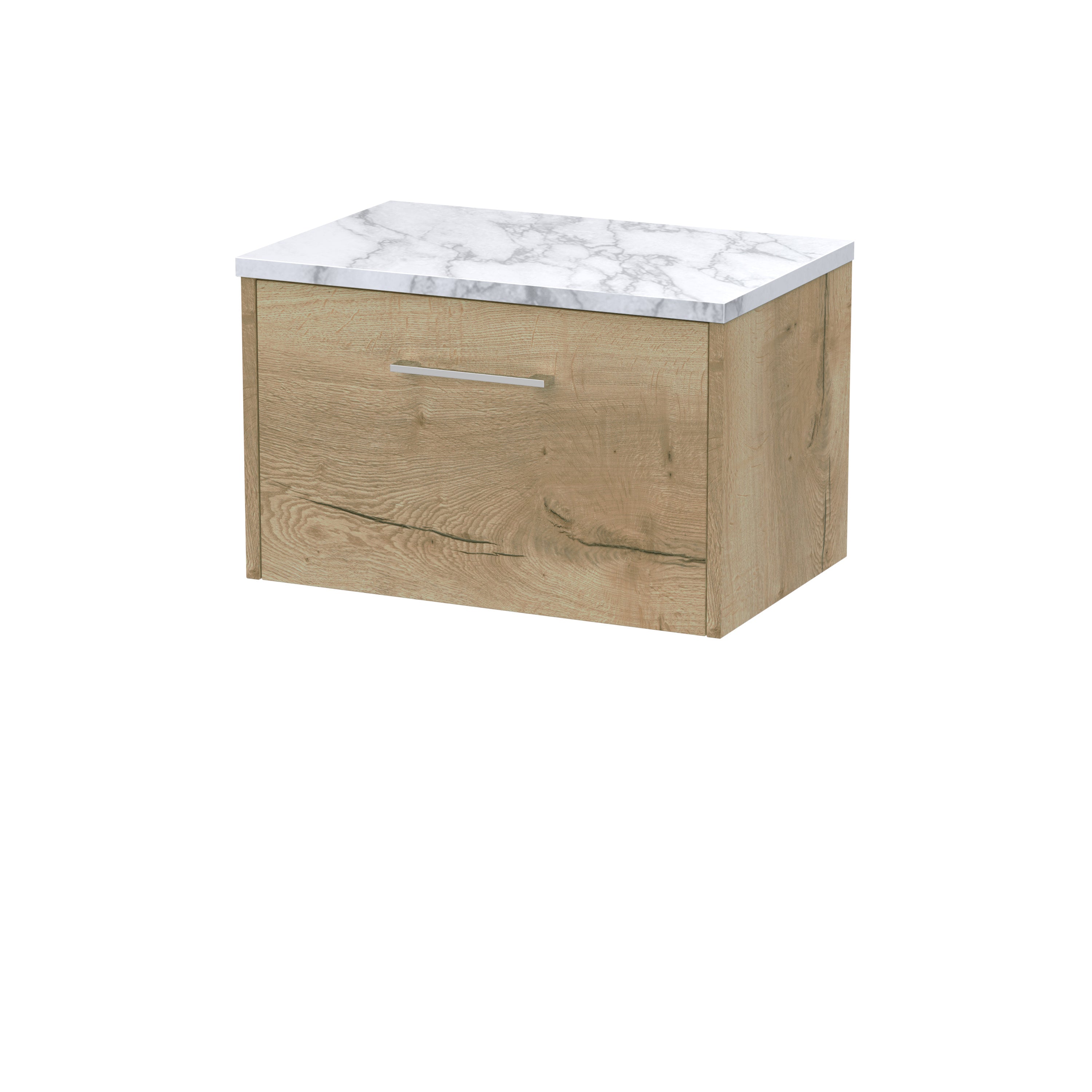 Sleek bathroom wall-mounted vanity unit with natural wood finish and marble effect top, ideal for modern bathroom storage solutions. Durable and stylish, perfect for contemporary bathroom design.