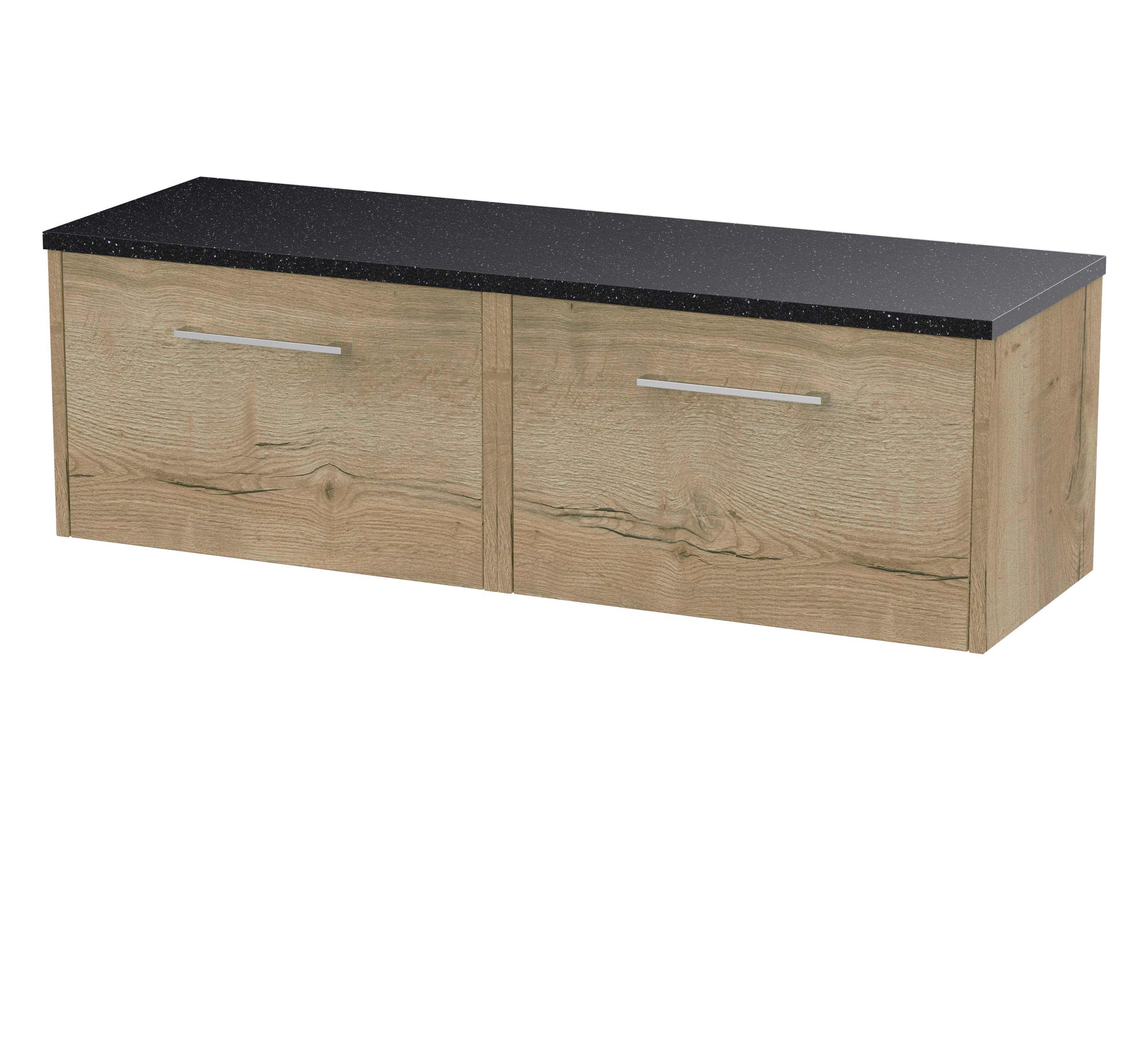 Contemporary bathroom wall-mounted cabinet with natural wood finish and black granite top, ideal for storage in modern bathrooms.