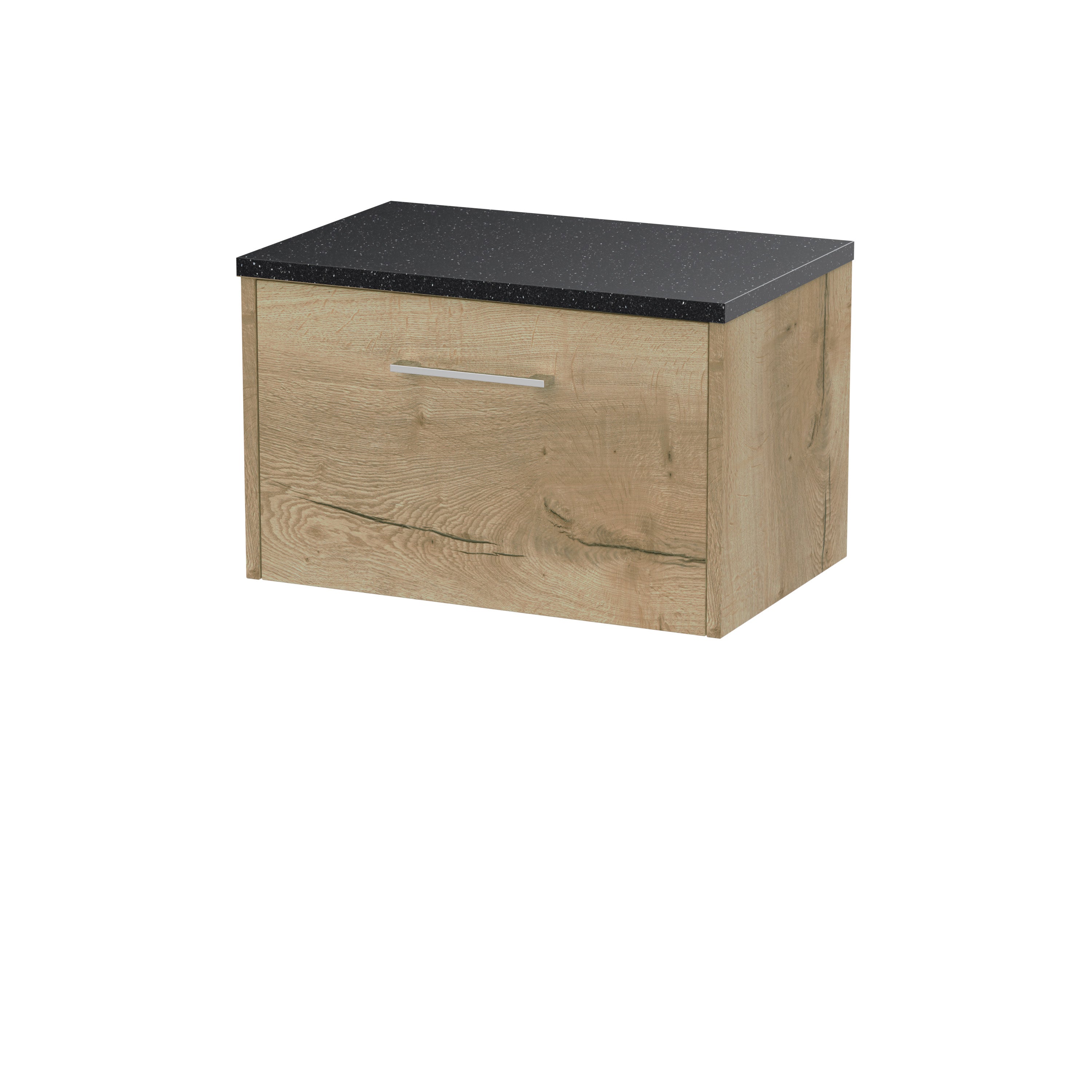 Stylish wooden bathroom storage cabinet with black speckled countertop, modern handle design, ideal for bathroom organisation and storage.