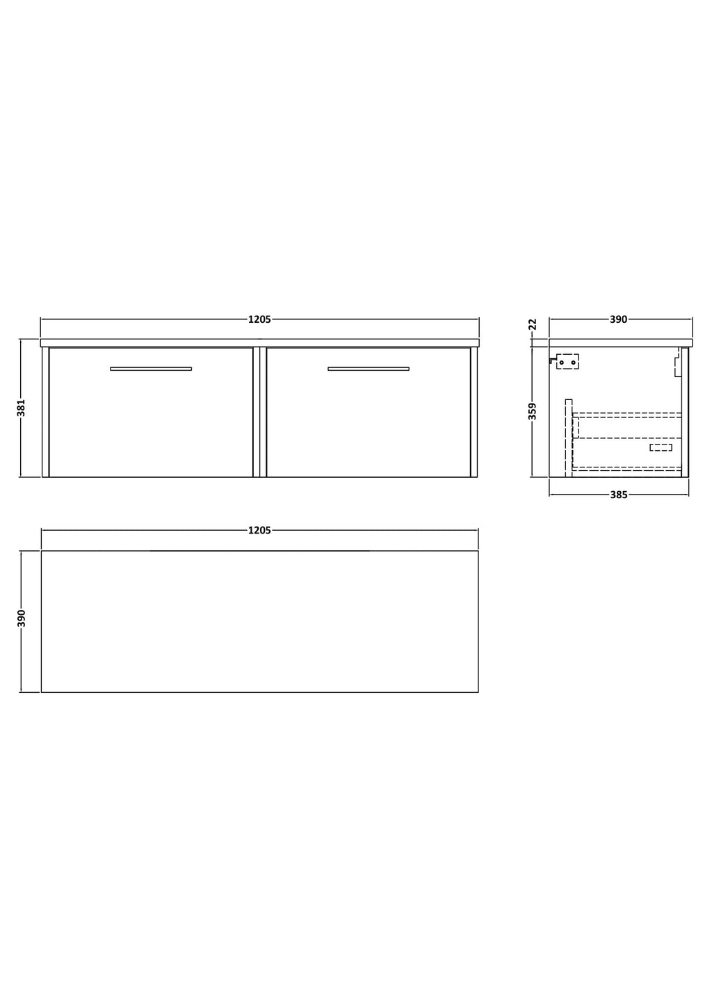 Contemporary bathroom vanity unit with sleek drawers, perfect for modern Bubly bathrooms, featuring detailed dimension drawings for easy installation and design planning.