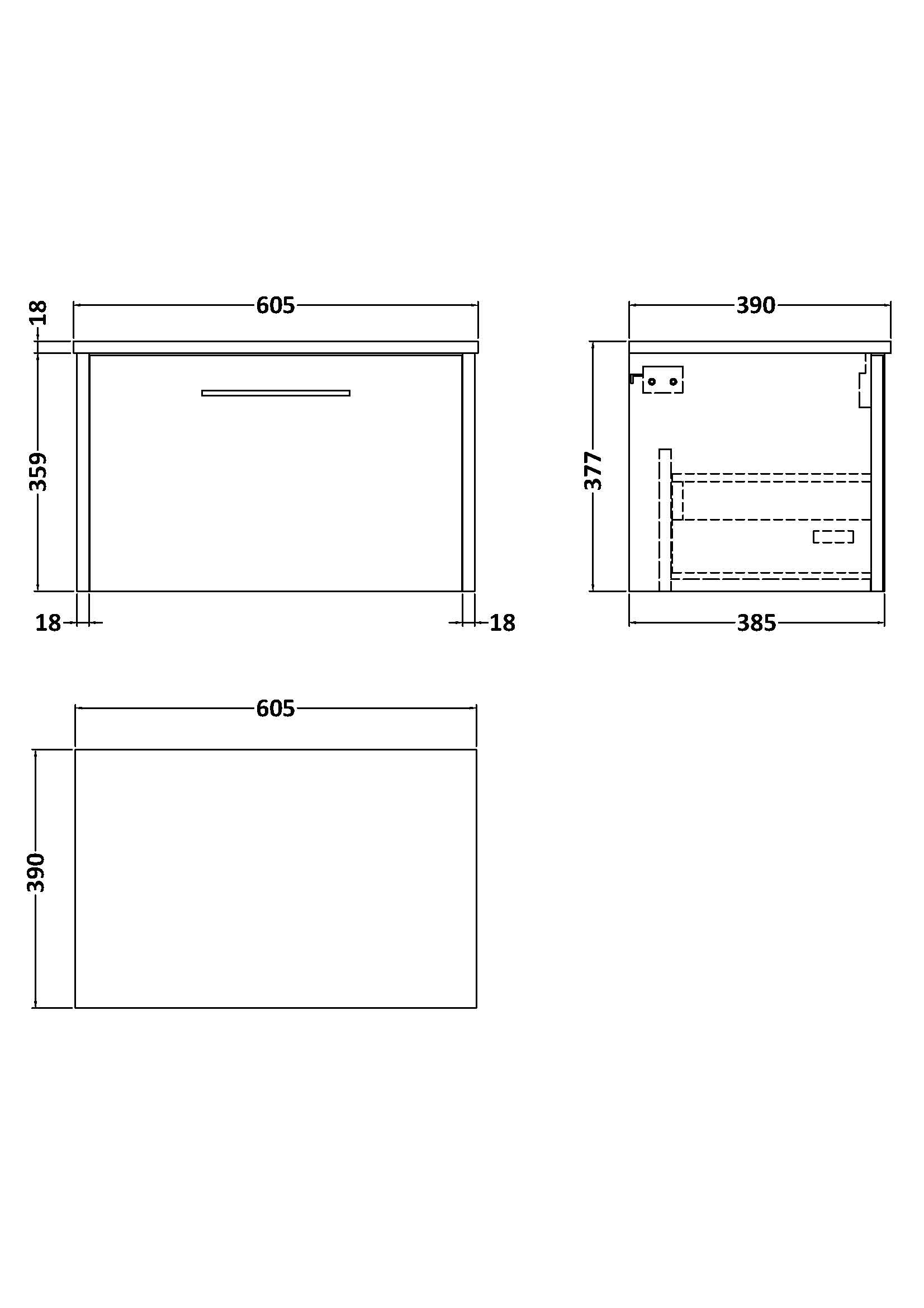 Minimalist bathroom vanity cabinet with clean lines and ample storage space. Perfect for modern bathrooms; dimensions 605mm wide, 359mm tall, with sleek handles and sturdy construction from Bubly Bathrooms.