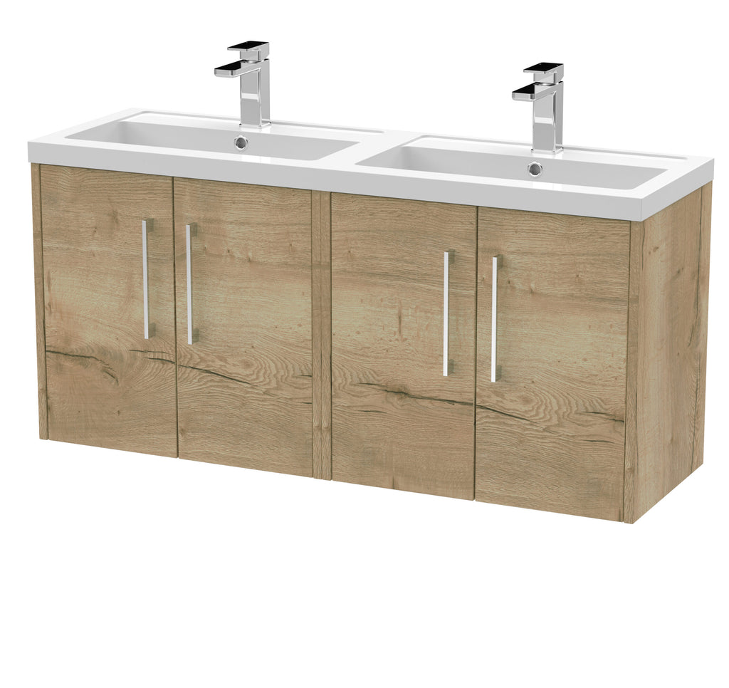 Contemporary double bathroom vanity unit with two white ceramic sinks and modern chrome taps, featuring natural wood-effect cabinetry for stylish bathroom decor.