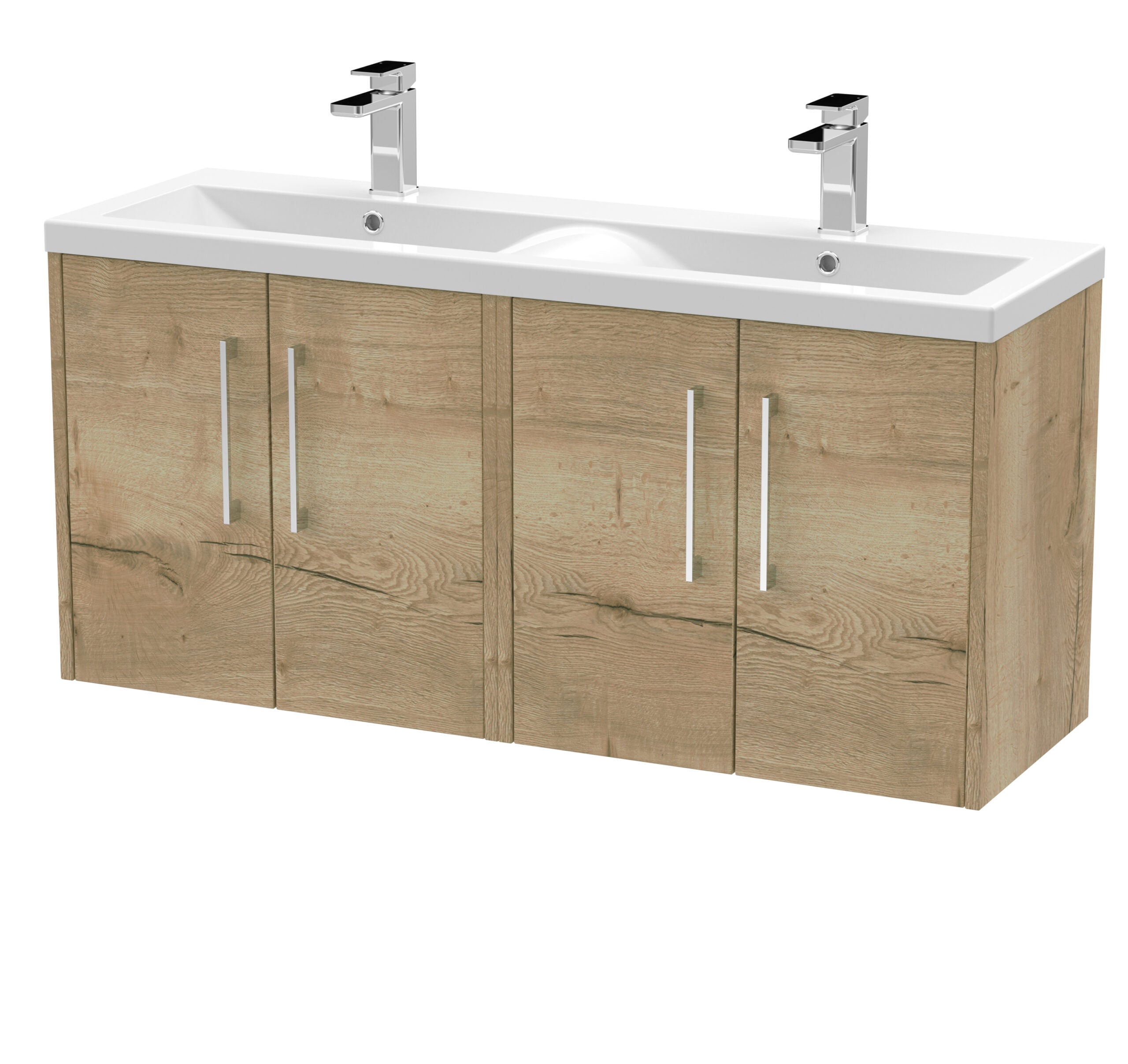 Modern double vanity bathroom unit with wooden finish and white ceramic sink, featuring dual chrome taps for contemporary bathroom design.