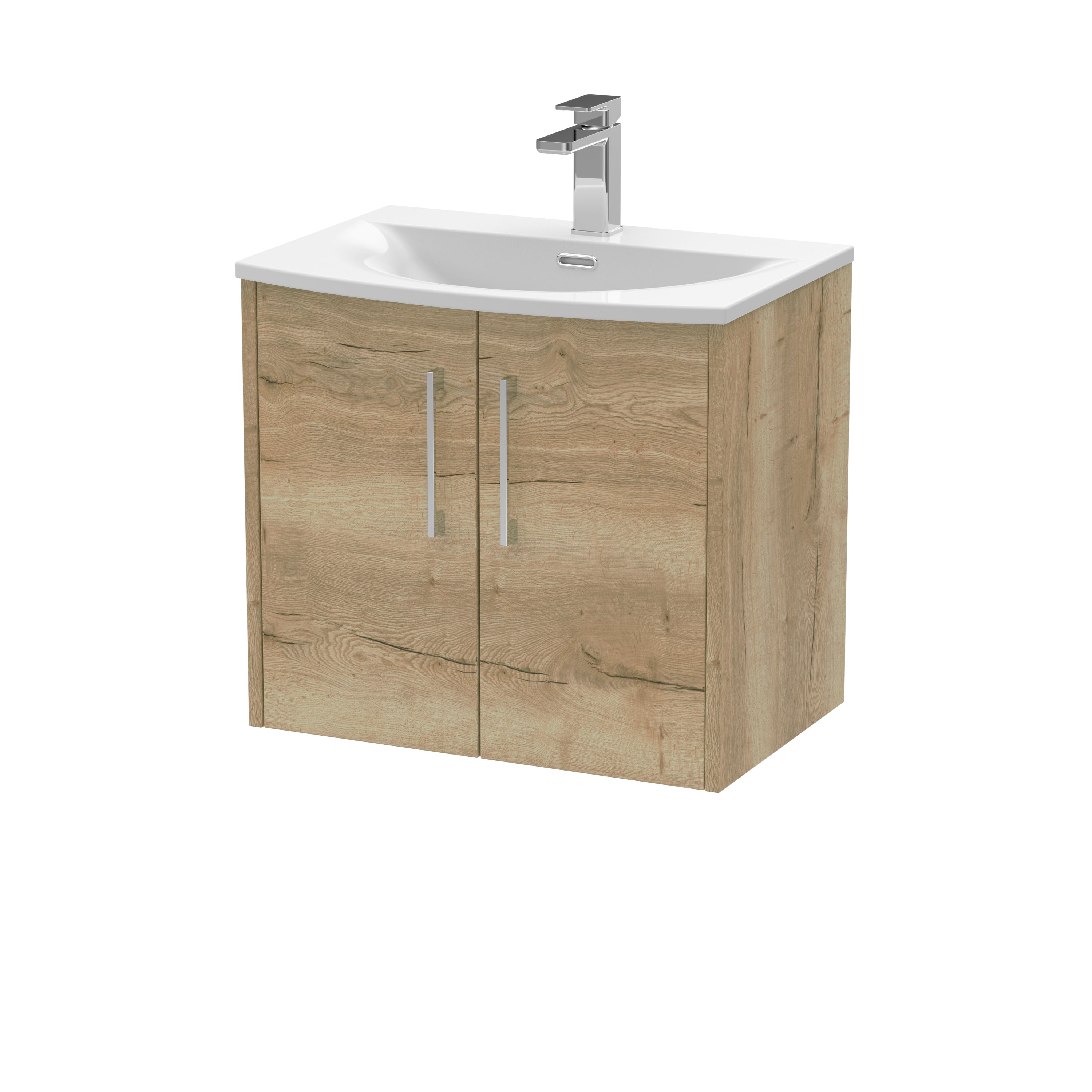 Contemporary bathroom vanity unit with natural wood finish and white ceramic sink, featuring a sleek chrome tap, ideal for modern bathroom spaces.