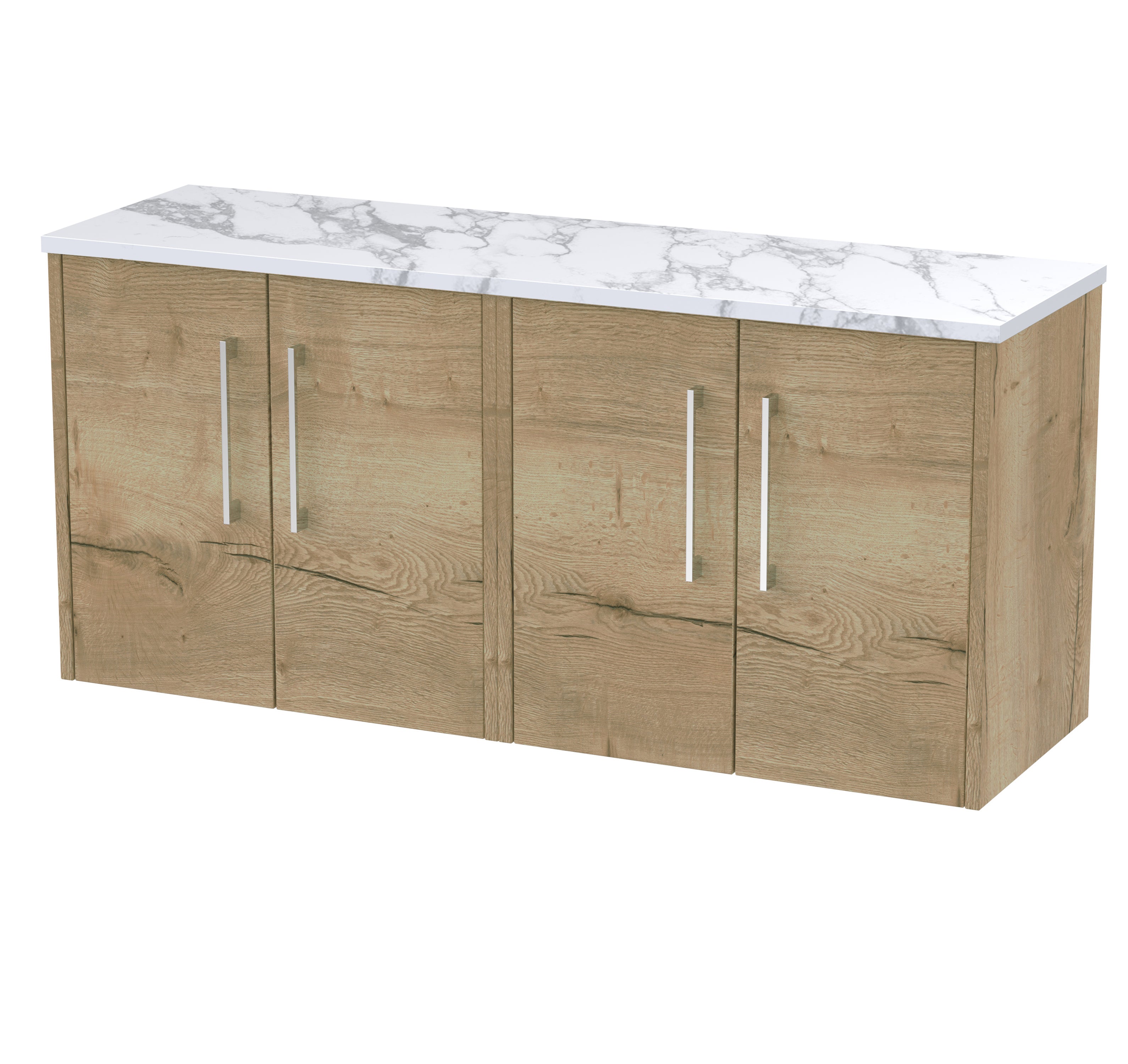 Sleek wooden bathroom cabinet with marble effect countertop for modern bathroom storage and organisation. Durable design with stylish aluminium handles, perfect for contemporary bathroom interiors.