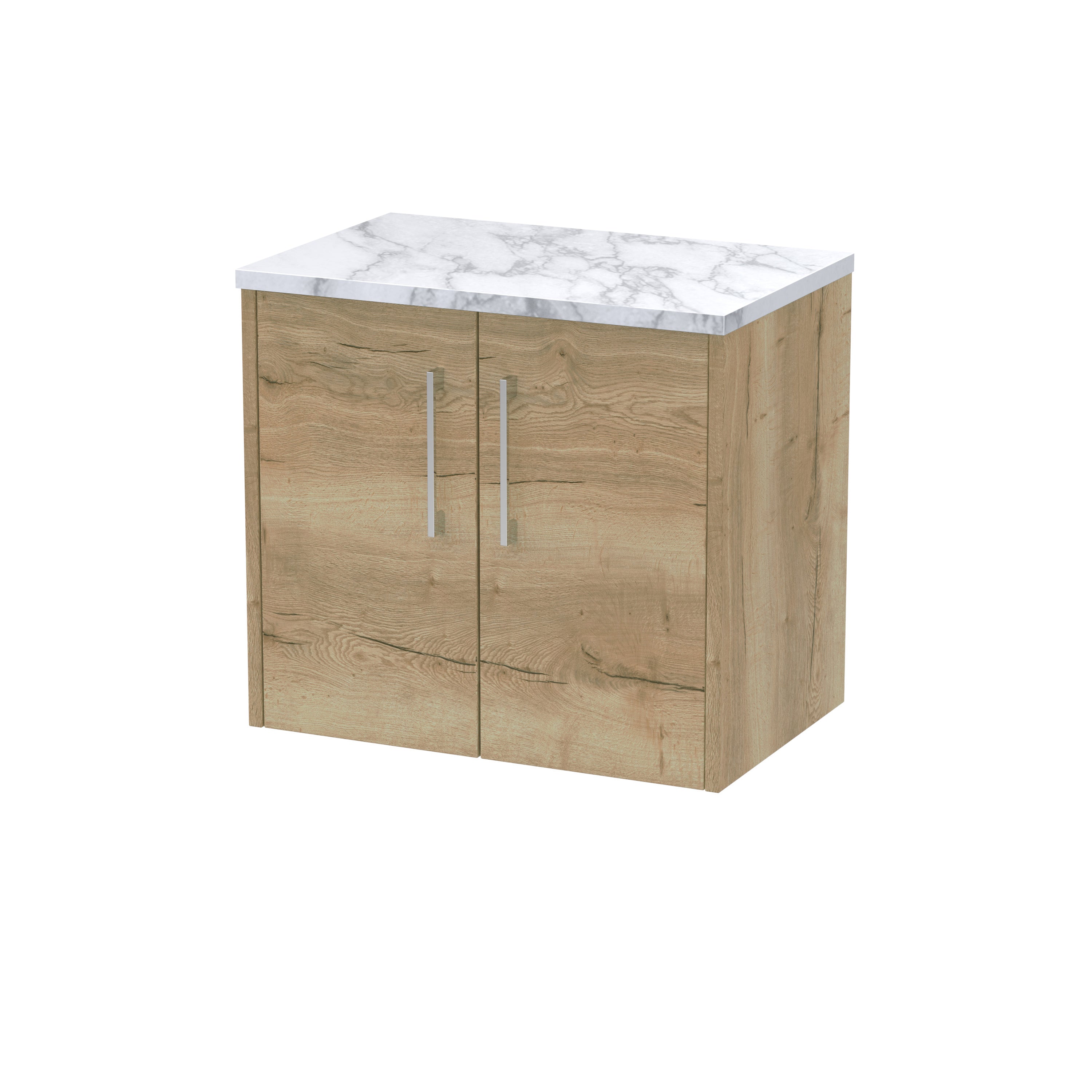 Natural oak bathroom cabinet with marble top, modern storage solution, durable wooden finish.