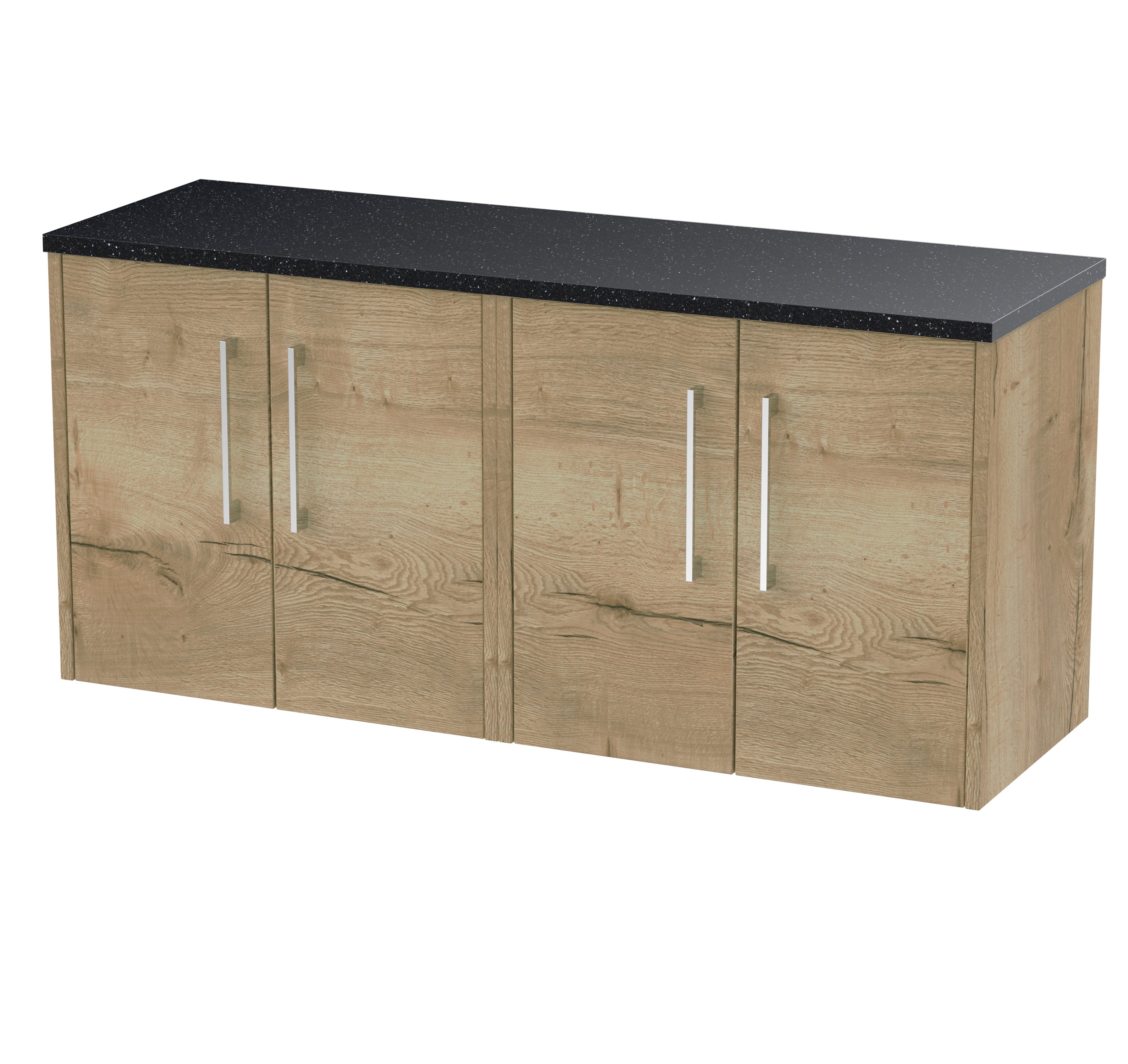 Sleek wooden bathroom storage unit with black speckled countertop, ideal for modern bathroom interiors, mixing natural wood finish with contemporary design.