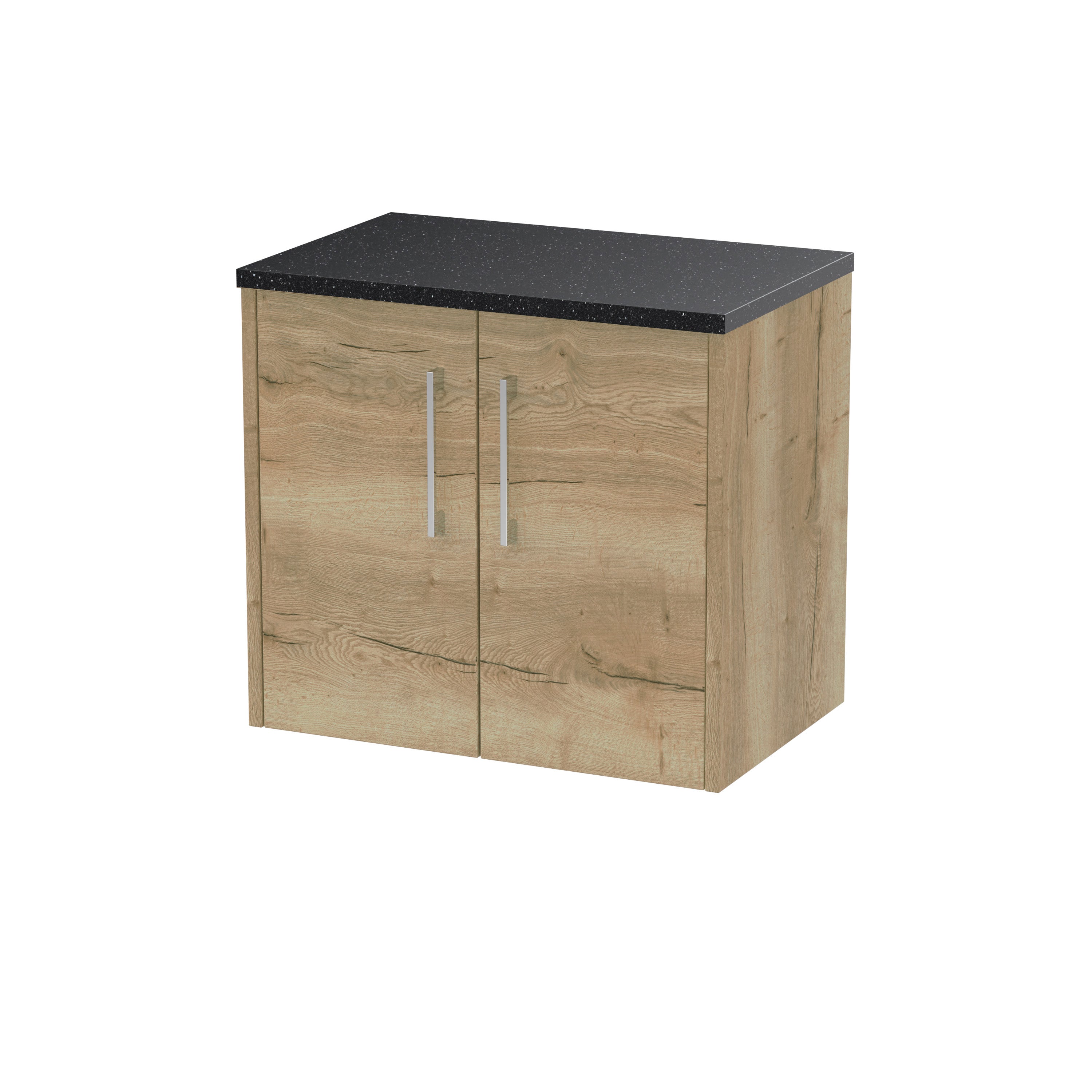 Stylish wooden bathroom vanity unit with black granite top, modern cabinet design, ideal for contemporary bathrooms, offering storage and functionality.