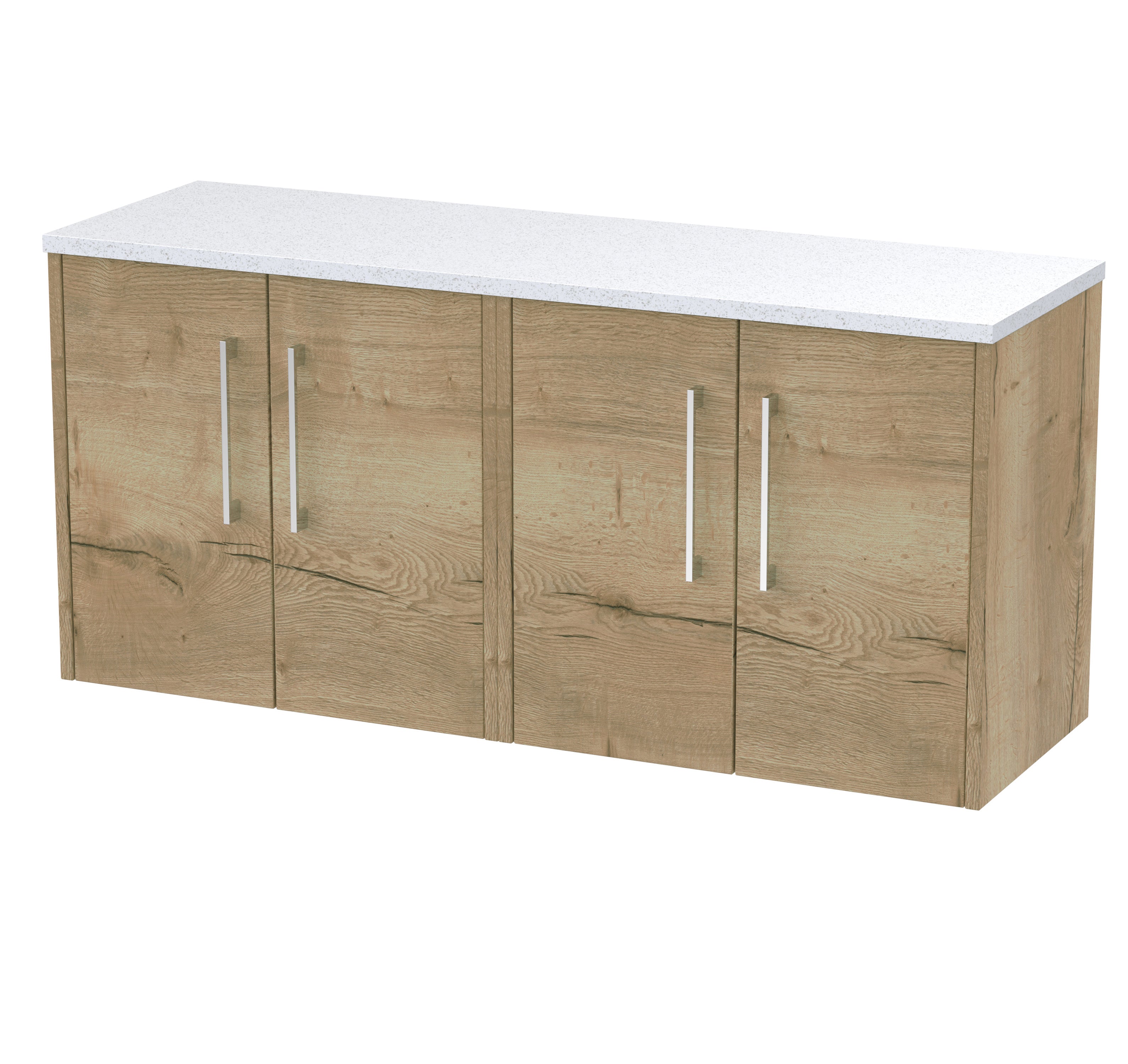 Modern wooden bathroom sideboard with white countertop, ideal for bathroom storage and vanity units, showcasing natural oak finish for elegant bathroom decor.