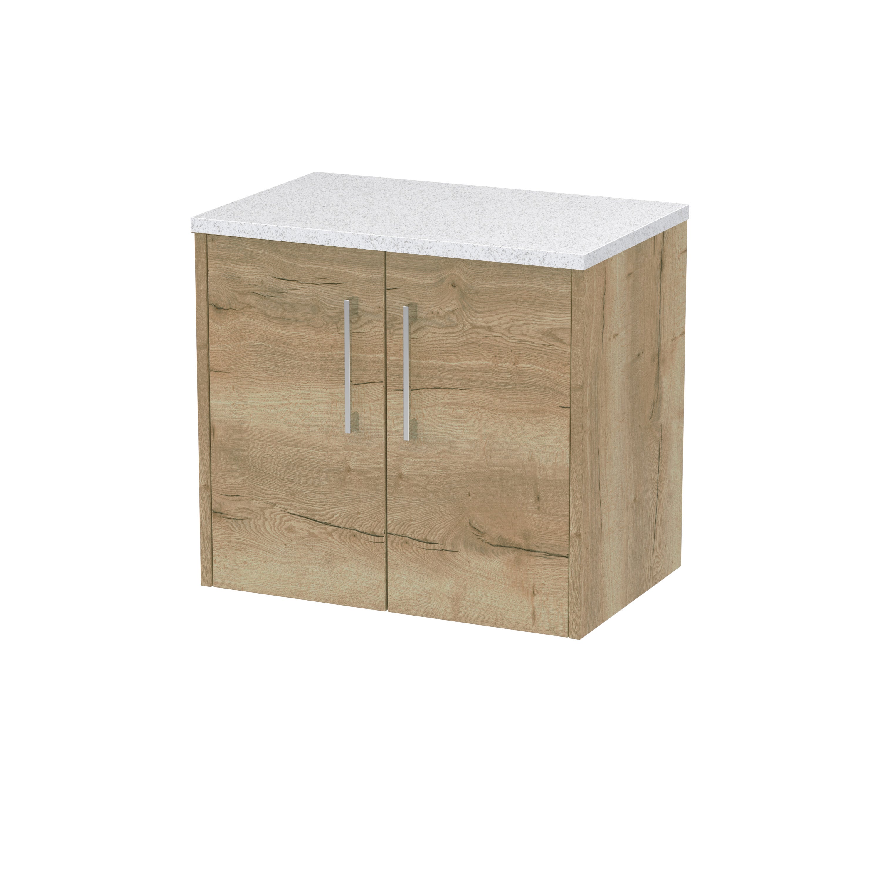 Small bathroom cabinet with a white speckled stone top in natural wood finish, ideal for storage and organisation. Perfect for modern bathroom interiors.