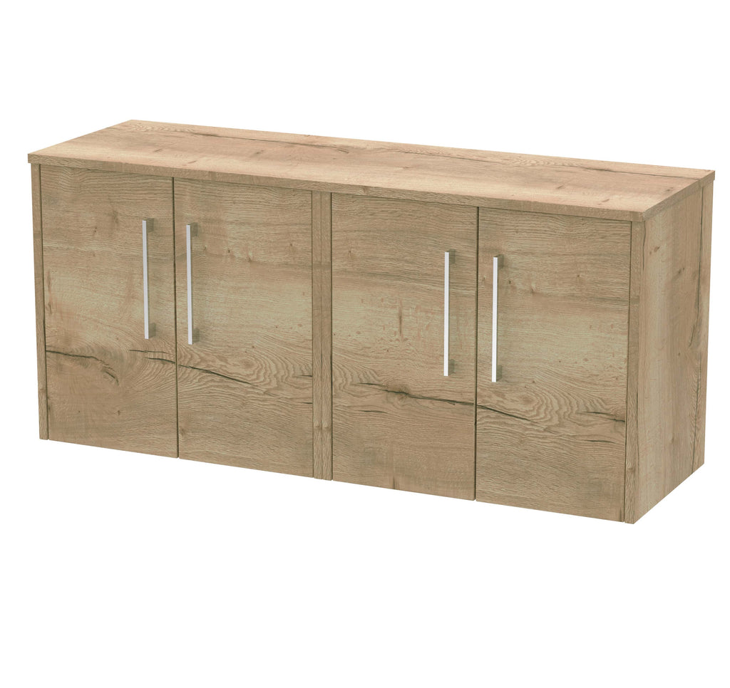 Natural oak bathroom storage cabinet with four doors and sleek silver handles for modern bathroom organisation.