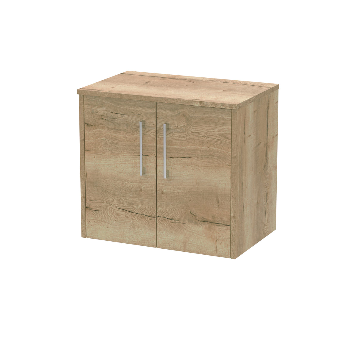 Natural oak bathroom storage cabinet with double doors and modern silver handles, perfect for contemporary bathroom decor.