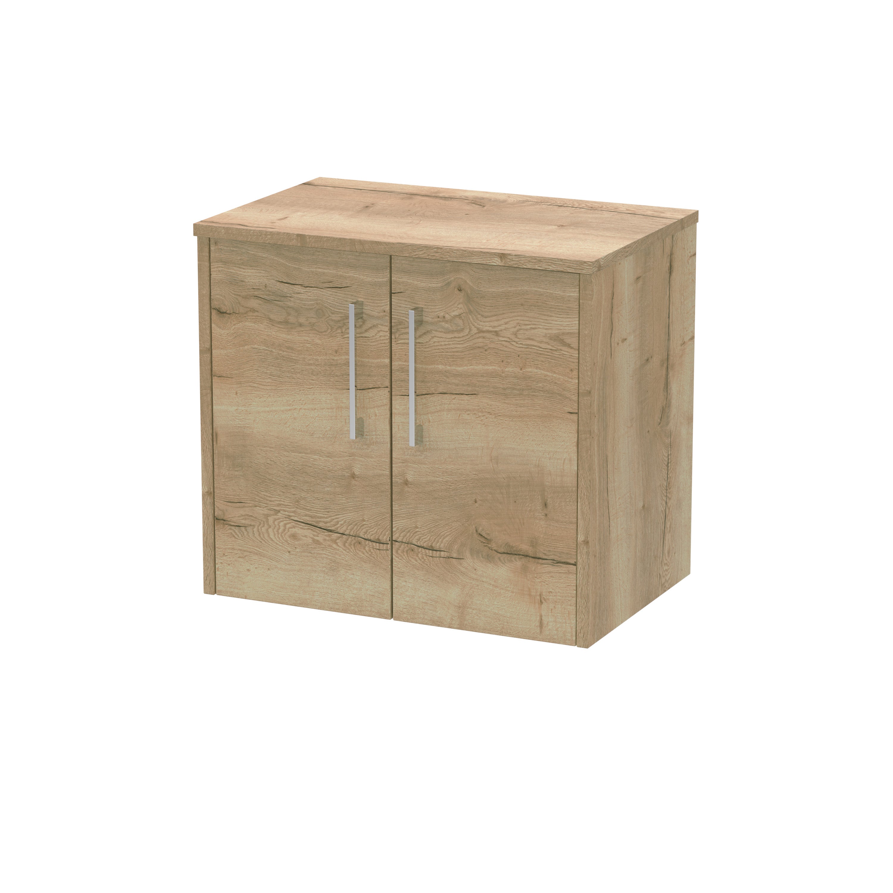 Natural oak bathroom storage cabinet with double doors and modern silver handles, perfect for contemporary bathroom decor.