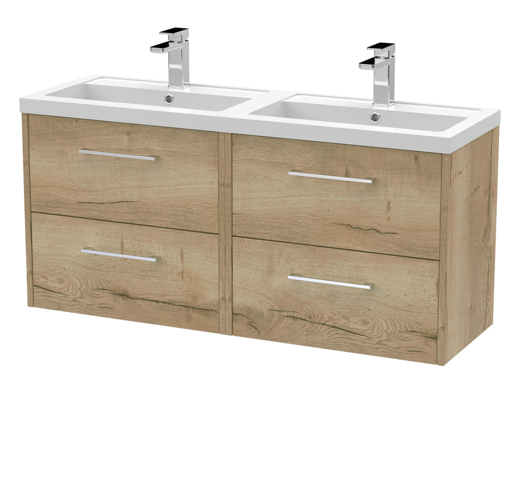 Double bathroom vanity unit with two sinks and chrome taps, made of natural wood finish, ideal for modern bathroom decor, offers practical storage and stylish design.
