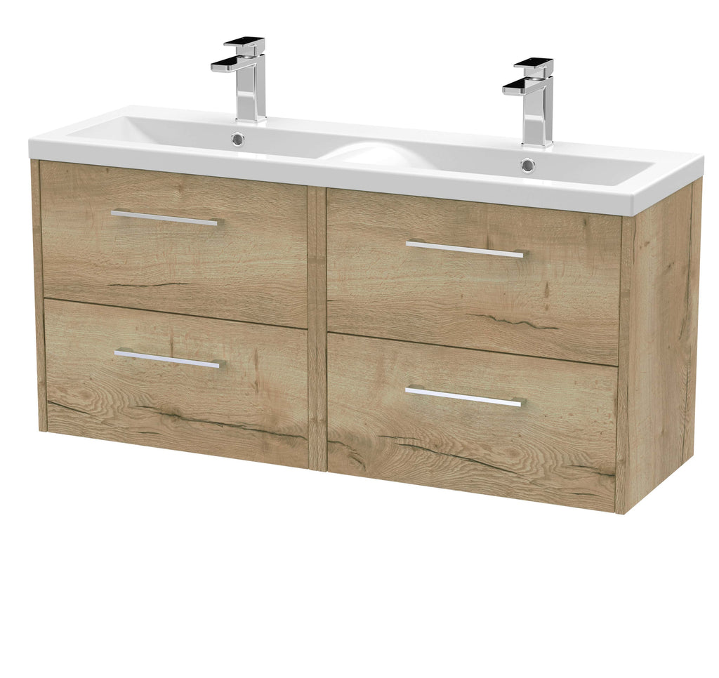 Modern double bathroom vanity unit with two undermount sinks and chrome handles, featuring a natural wood finish, perfect for contemporary bathroom decor.