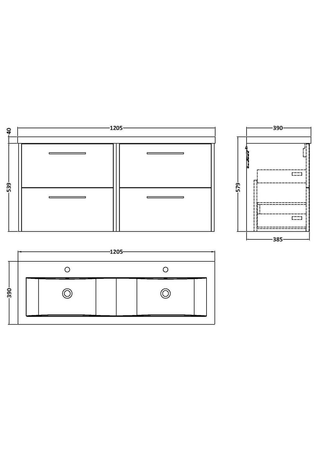 Modern bathroom vanity unit with double drawers and sleek handles, ideal for contemporary bathroom designs. Durable MDF construction, measured at 1205mm wide, 539mm high, and 390mm deep, perfect for stylish storage solutions.
