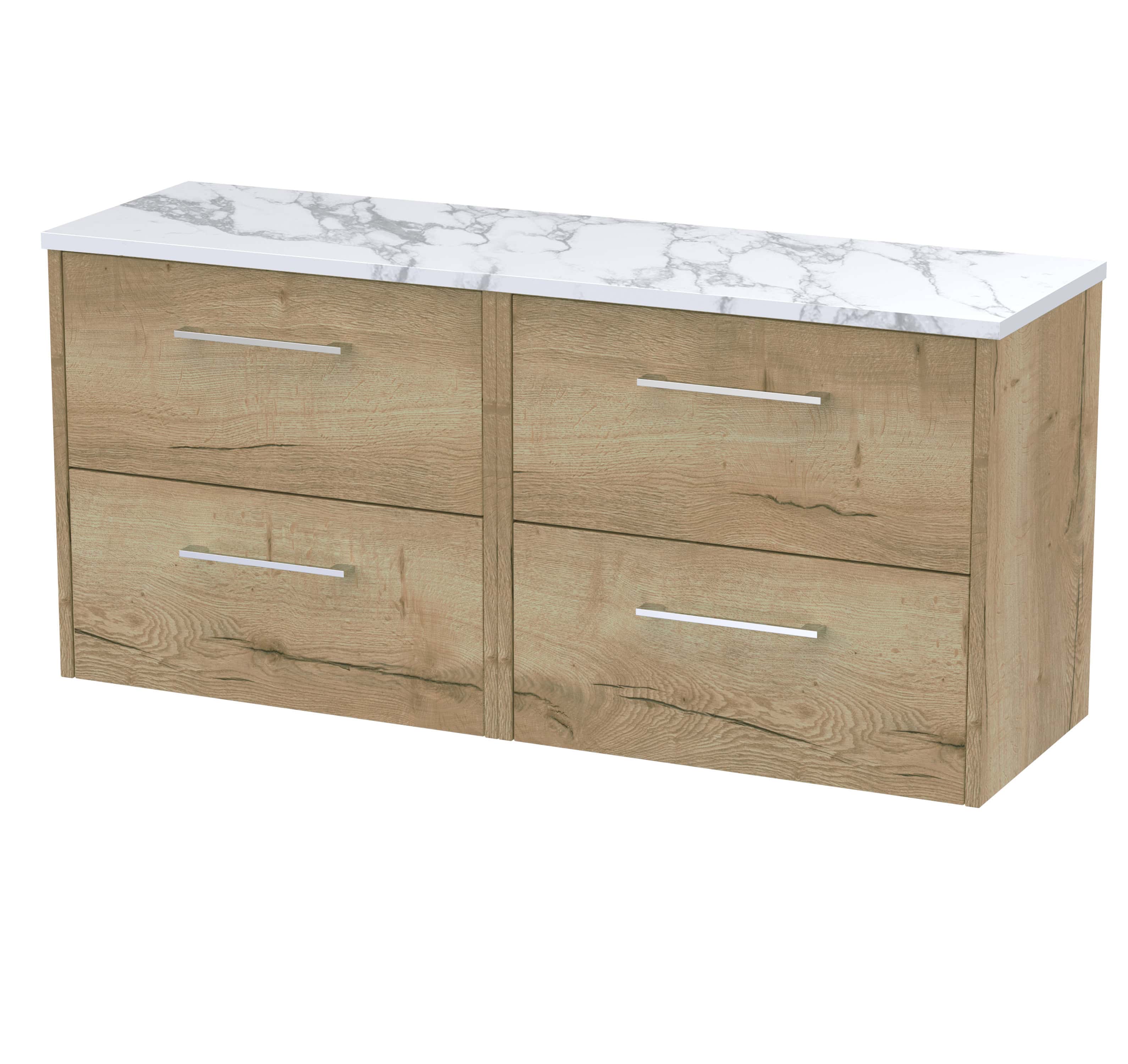 Contemporary wooden bathroom vanity unit with marble effect top, featuring sleek silver handles for modern bathroom decor. Perfect for stylish bathroom storage solutions.