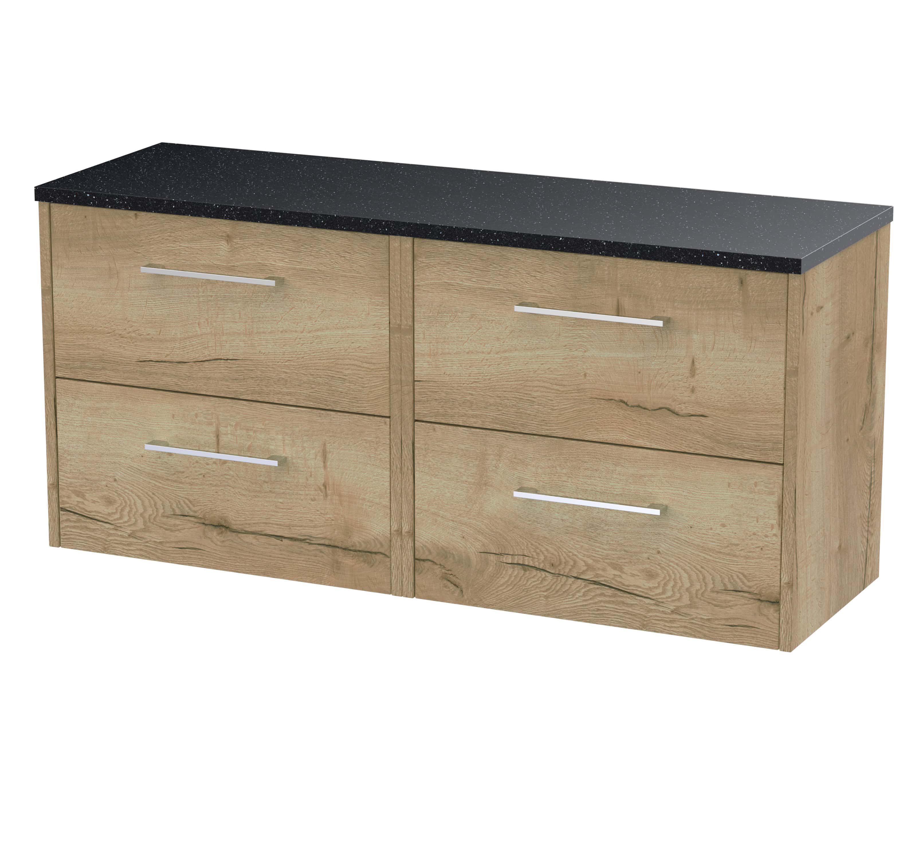 Sleek oak bathroom storage unit with black granite top, modern silver handles, ideal for bathroom organisation and decor. Perfect for contemporary bathroom designs.