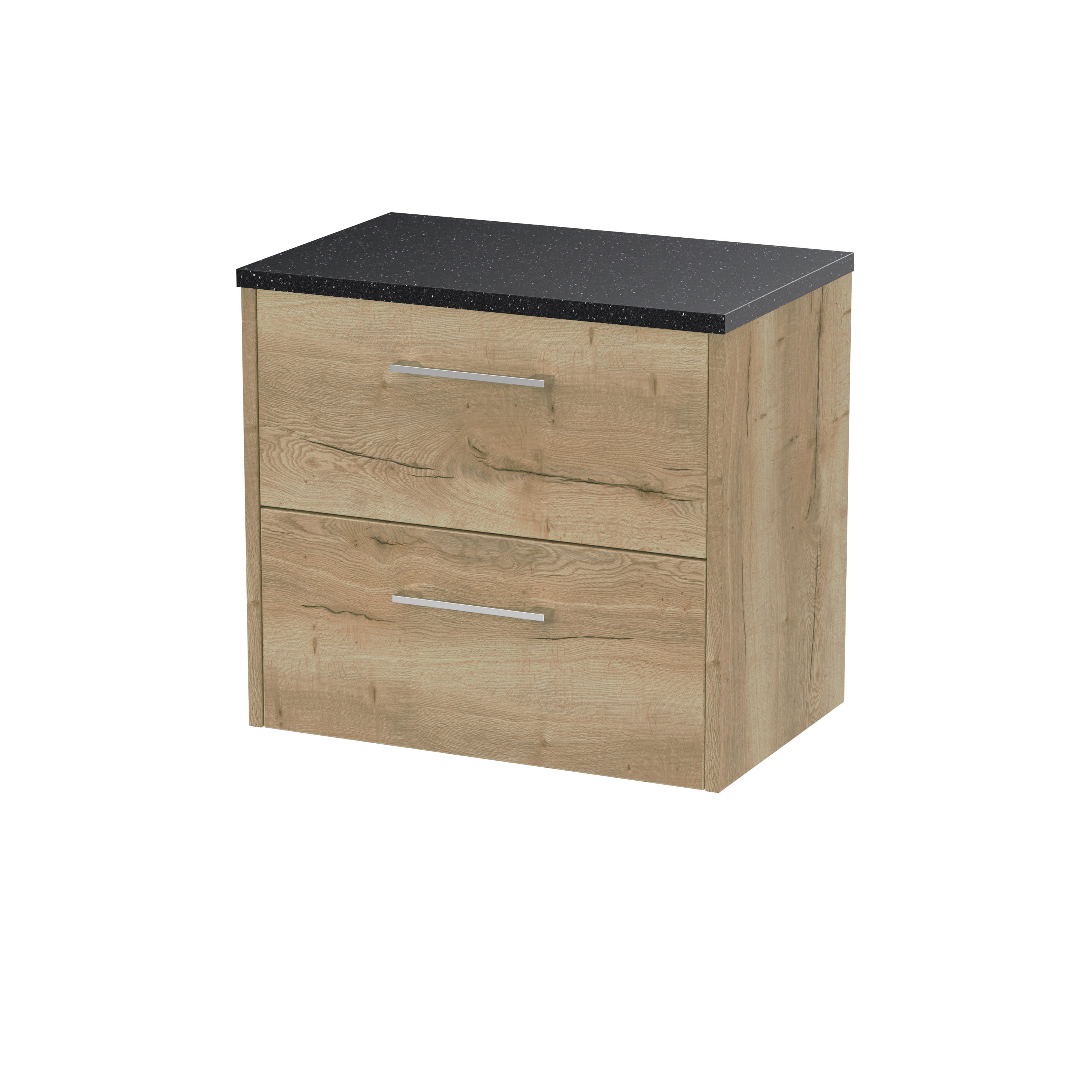 Sustainable wooden bathroom vanity with black stone countertop, modern chrome handles, ideal for contemporary bathrooms, blending natural wood finish with elegant design.