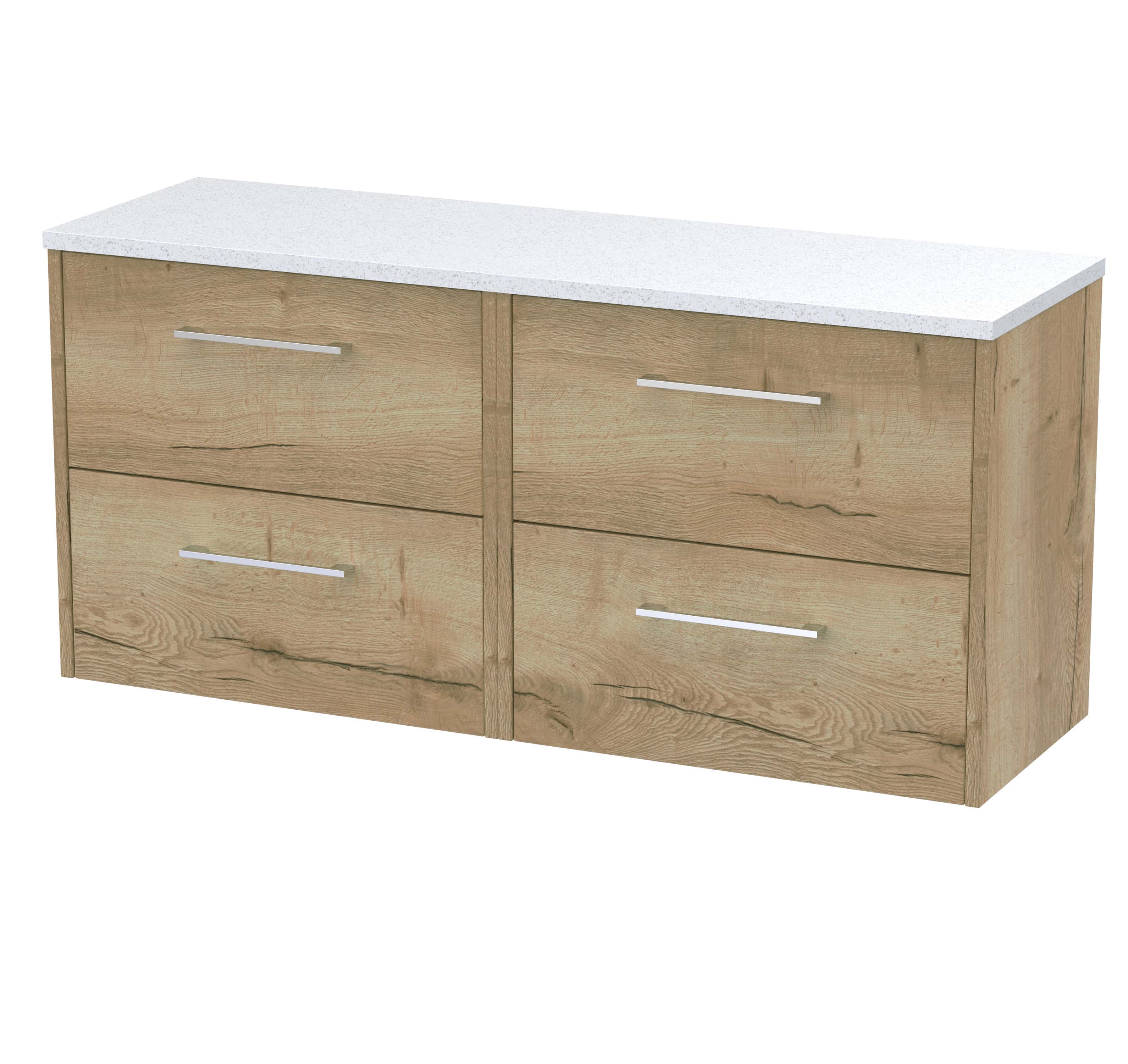 Contemporary wooden bathroom vanity unit with four drawers and a white speckled countertop, ideal for modern bathroom storage and organisation.