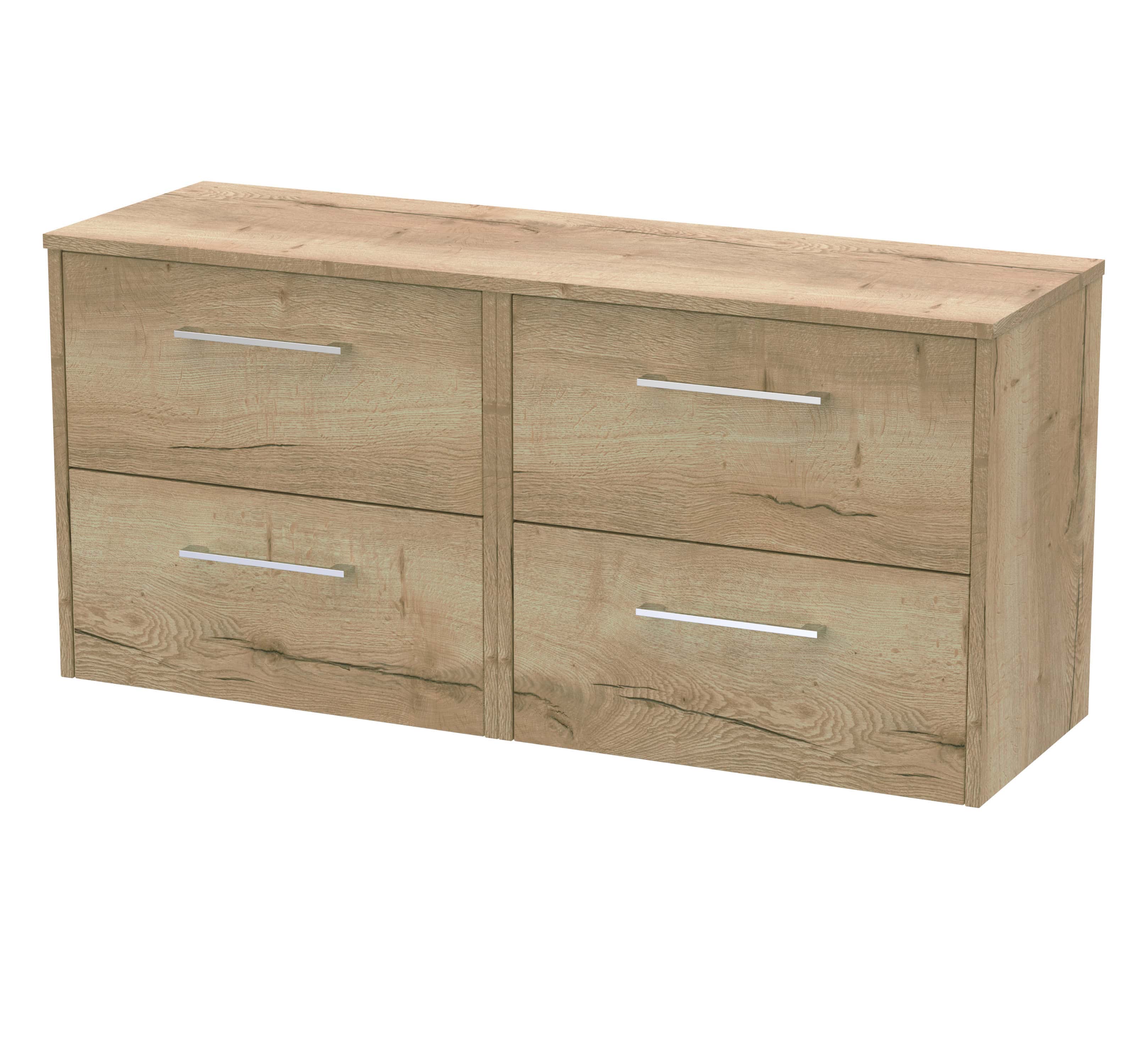 Natural wood bathroom storage unit with four drawers, modern silver handles, ideal for organising bathroom essentials and adding a touch of rustic elegance.