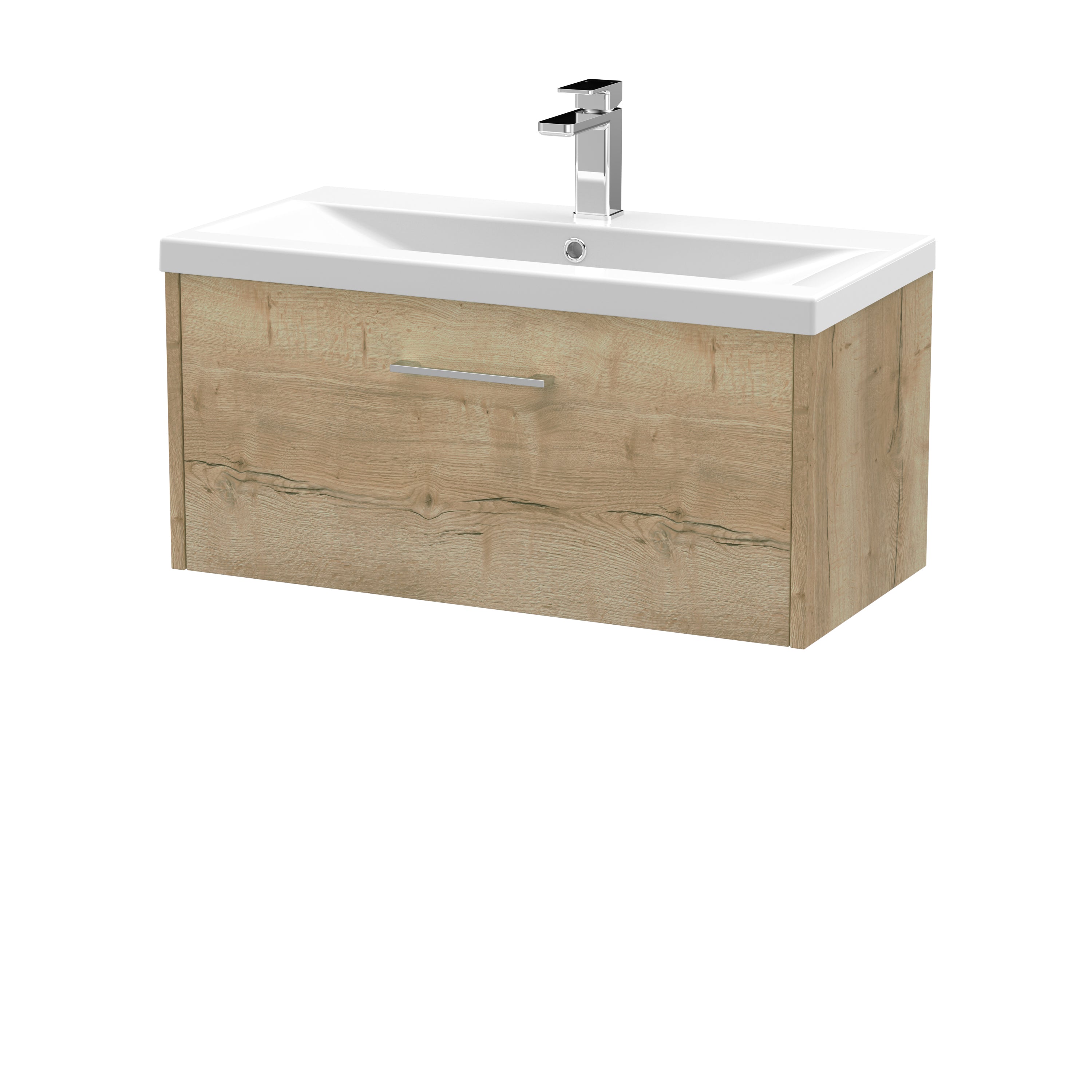 Modern wooden bathroom vanity with integrated ceramic sink and sleek chrome faucet, perfect for contemporary bathroom designs. Durable, stylish storage solution for your bathroom essentials.