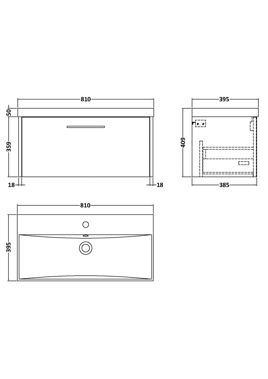 Modern bathroom vanity unit with integrated sink, detailed technical drawing with dimensions, ideal for Bubly Bathrooms remodels and installations.