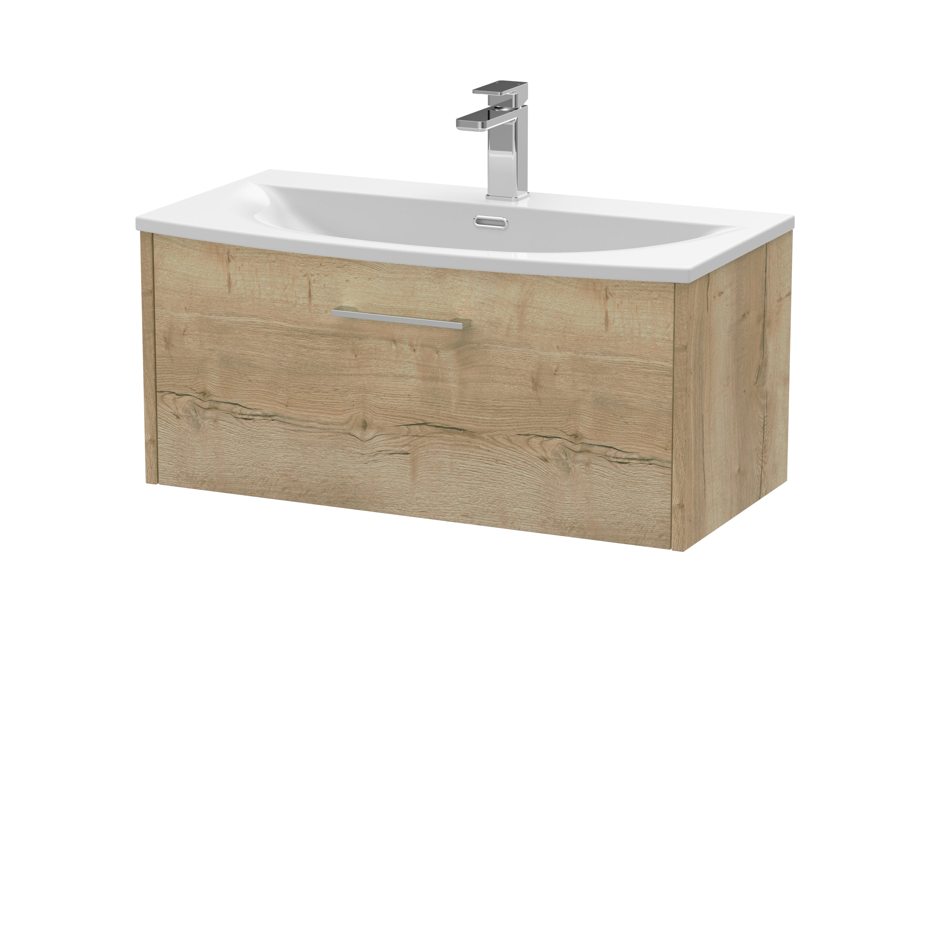 Bright modern bathroom vanity with a wood finish and a sleek white ceramic sink, ideal for contemporary bathroom renovations. Features a storage drawer and a stylish chrome faucet.