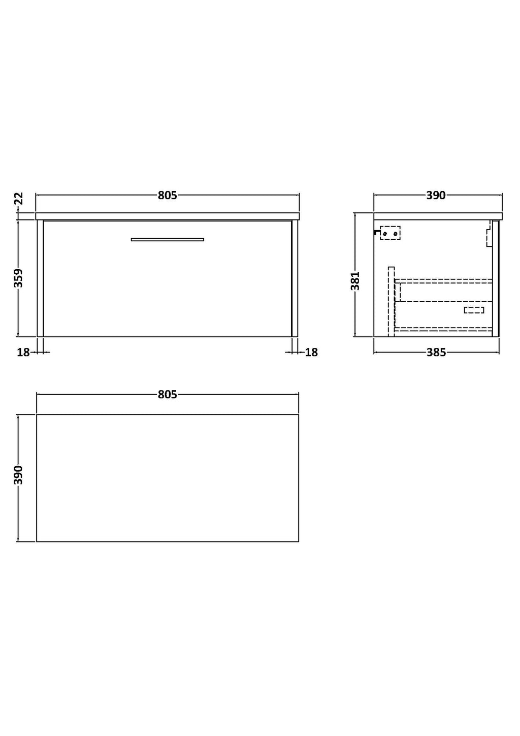 Minimalistic bathroom vanity cabinet technical drawing with dimensions for Bubly Bathrooms. Perfect for modern bathroom storage solutions and professional installation planning.