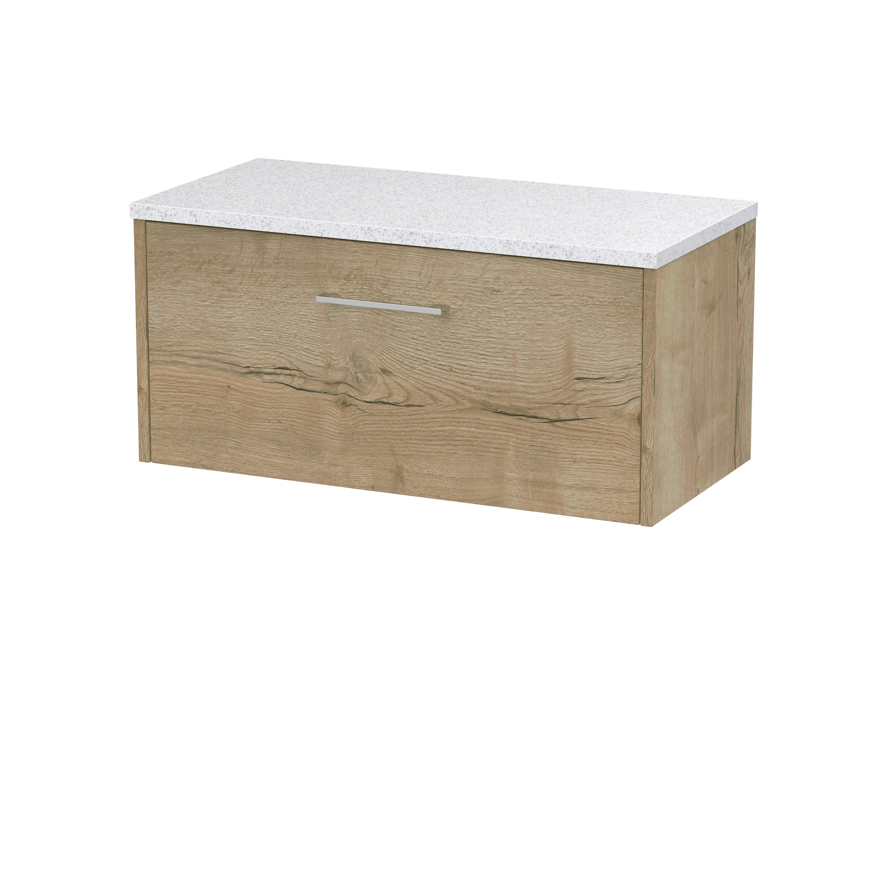 Modern bathroom vanity with a natural wood finish and a white granite countertop, ideal for contemporary bathroom decor and storage solutions.