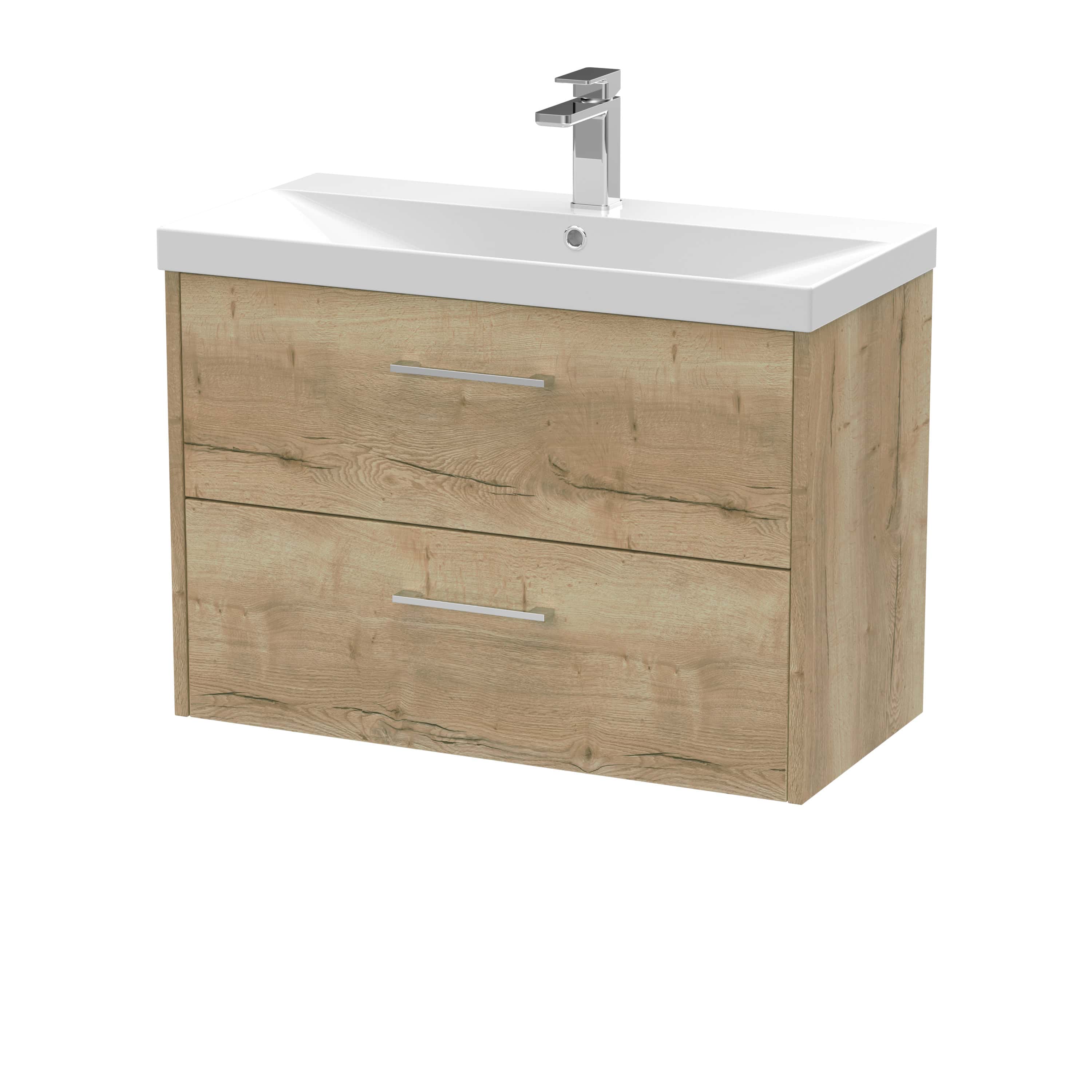 Modern wooden bathroom vanity with integrated sink and chrome faucet, ideal for stylish bathroom renovations. Durable storage drawers for toiletries and accessories.