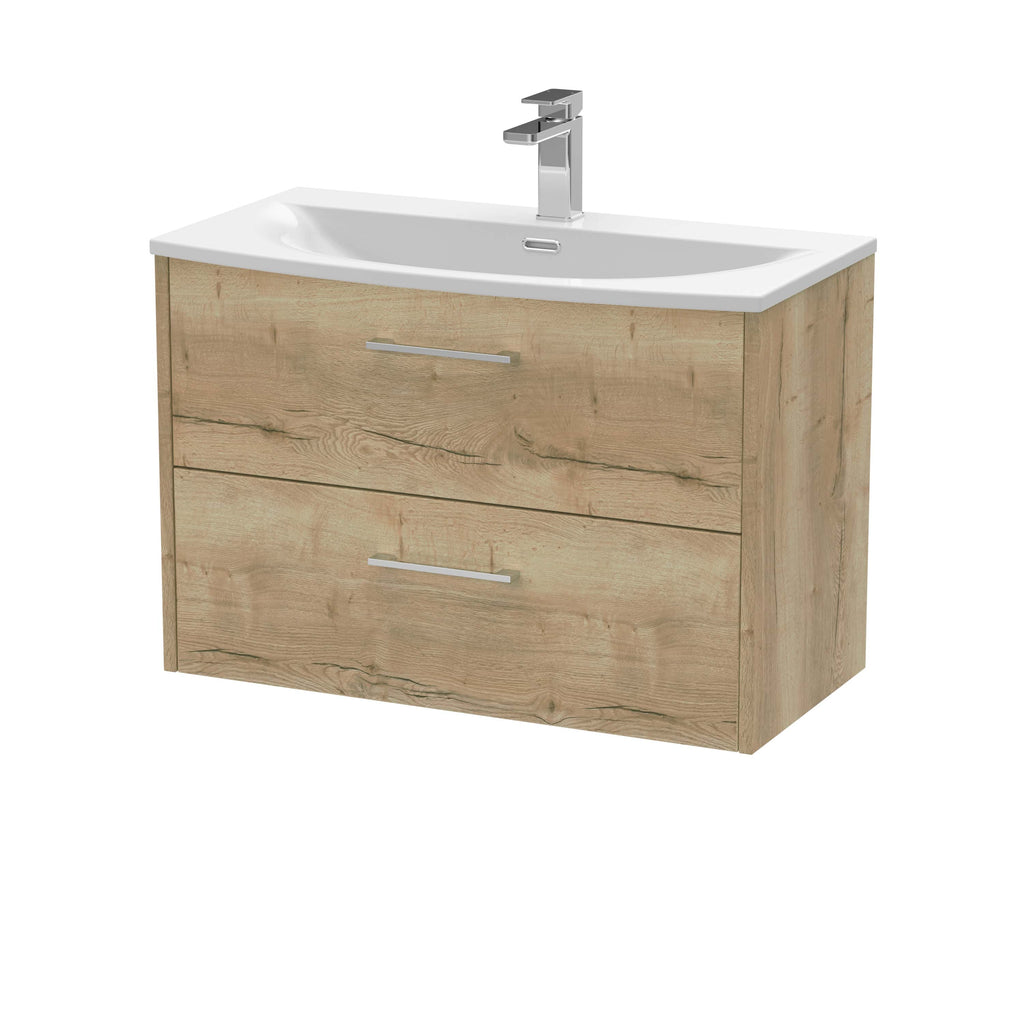 Sleek modern bathroom vanity with integrated sink and storage drawers, ideal for contemporary bathrooms, finished with a natural wood appearance.