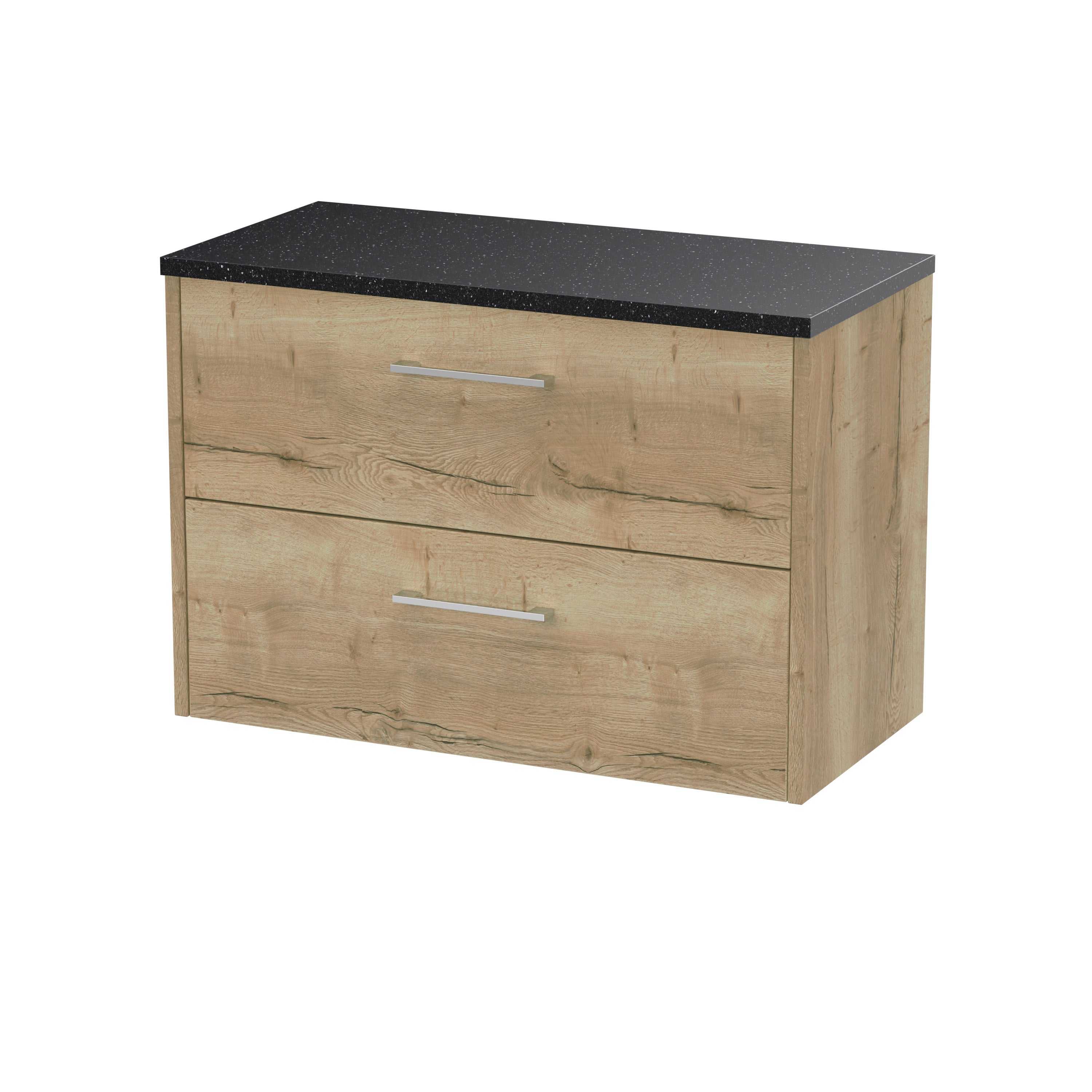 Natural wood bathroom vanity unit with black speckled quartz countertop, modern chrome handles, and ample storage space, ideal for contemporary bathroom designs.