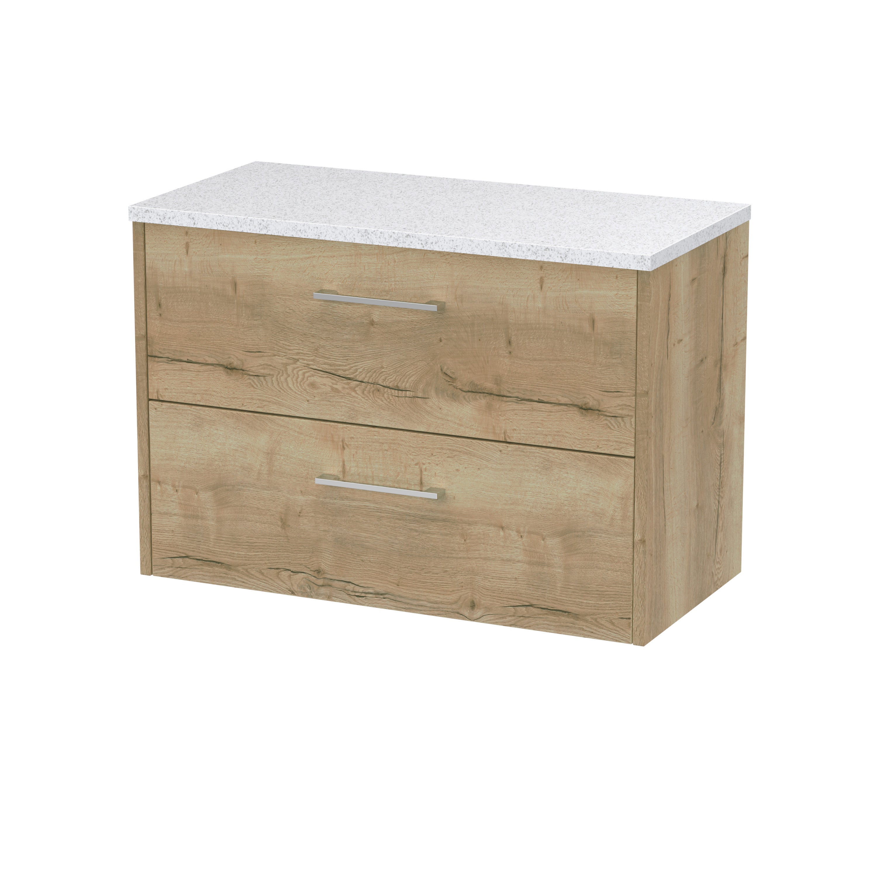 Beautiful bathroom vanity with a natural wood finish and white speckled quartz countertop, perfect for modern bathroom renovation and storage solutions.