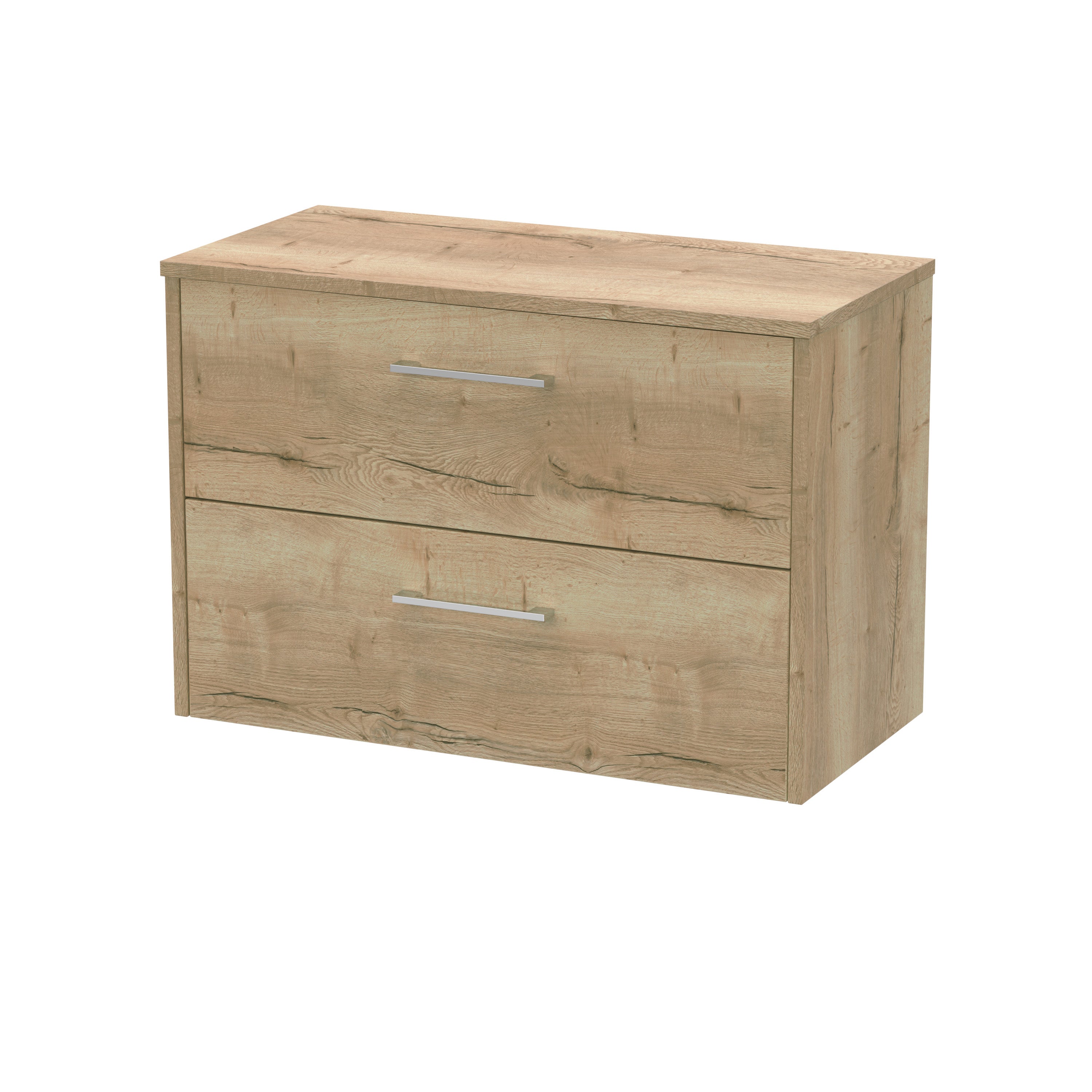 Wooden bathroom cabinet with two drawers and modern metal handles for storage and organisation. Perfect for contemporary bathroom interiors.