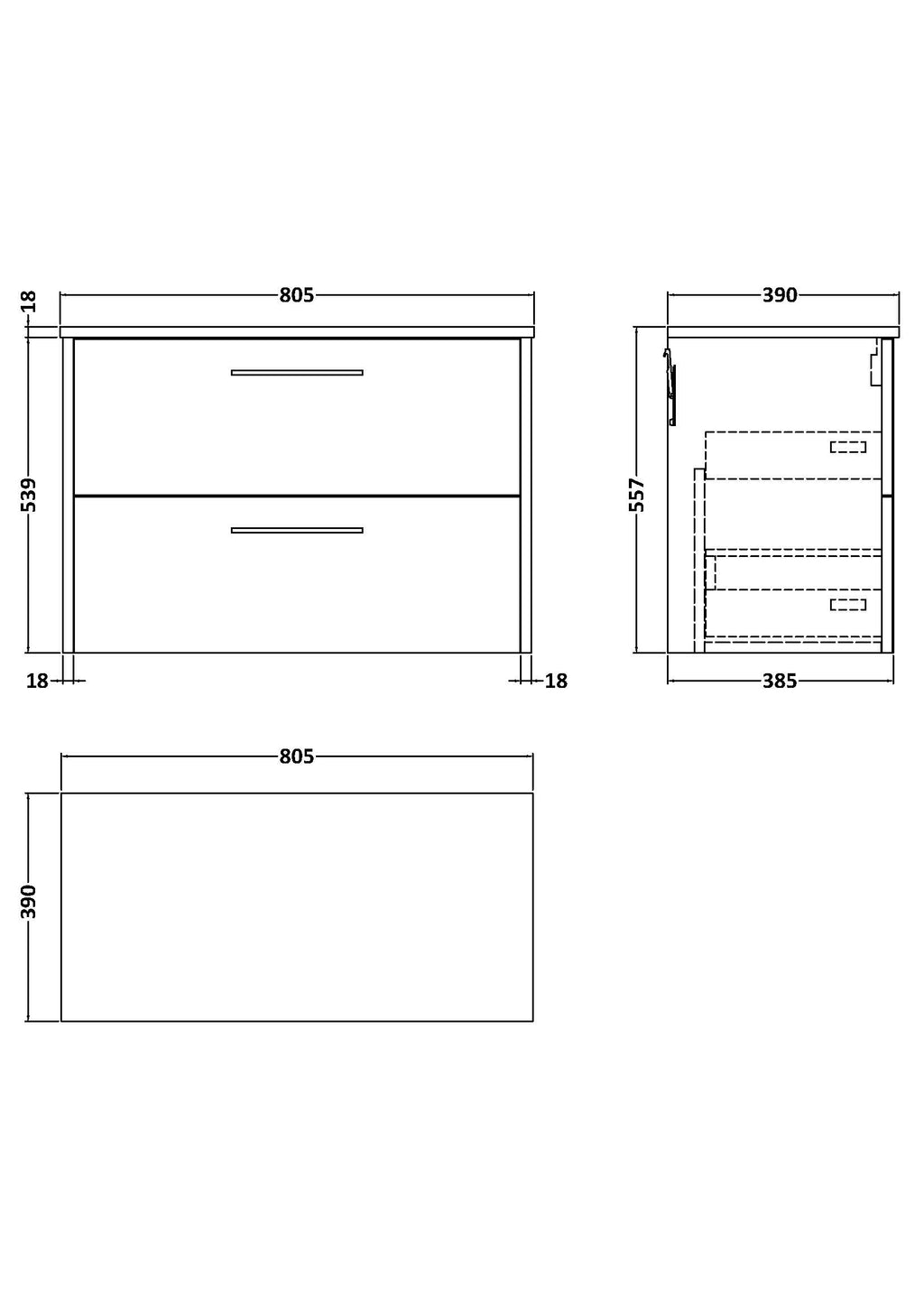 Modern bathroom vanity unit with two drawers, detailed technical drawings, and precise measurements for stylish and functional Bubly Bathrooms design.